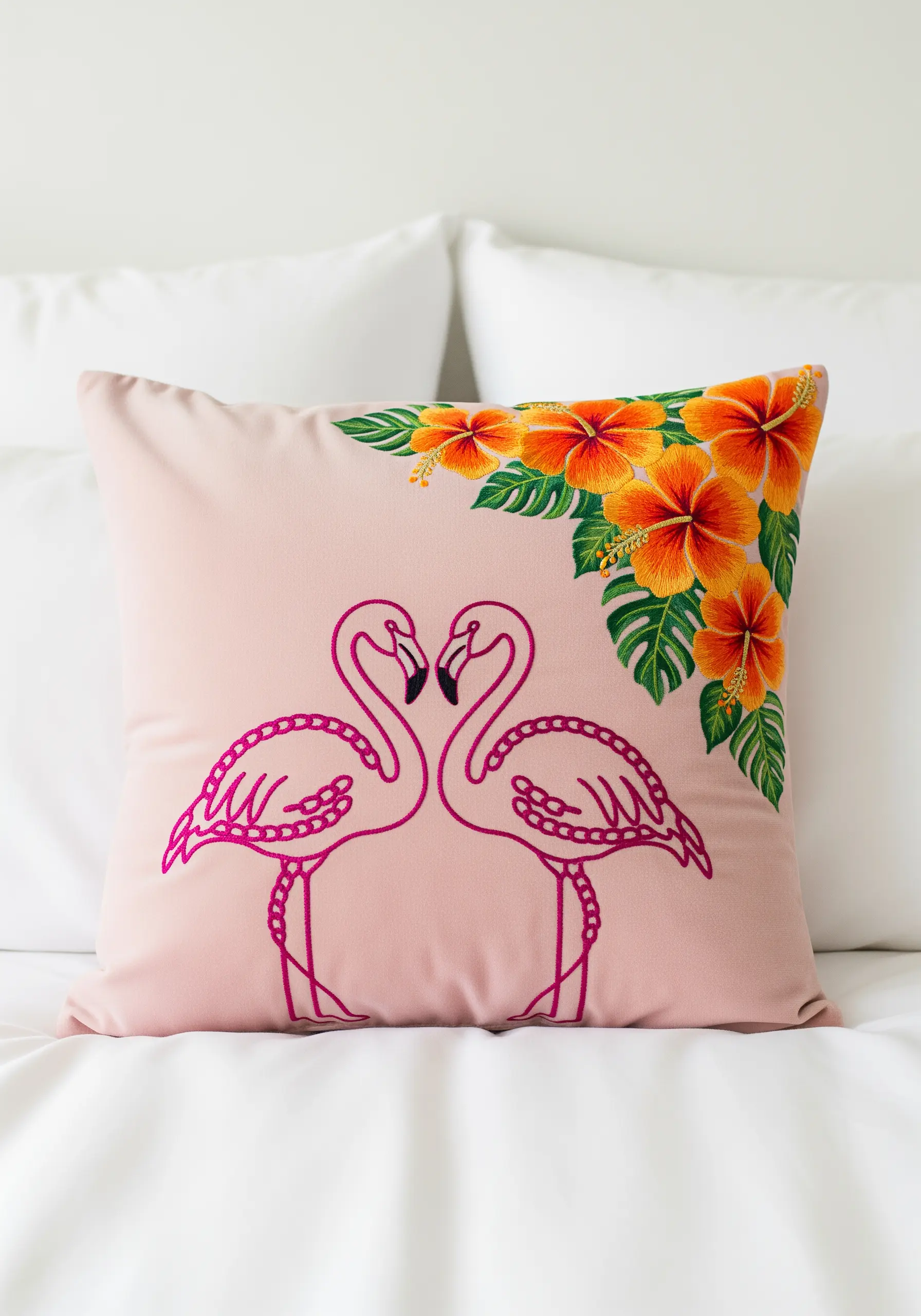A pink pillow with two line-art flamingos and a corner of lush, embroidered hibiscus flowers.