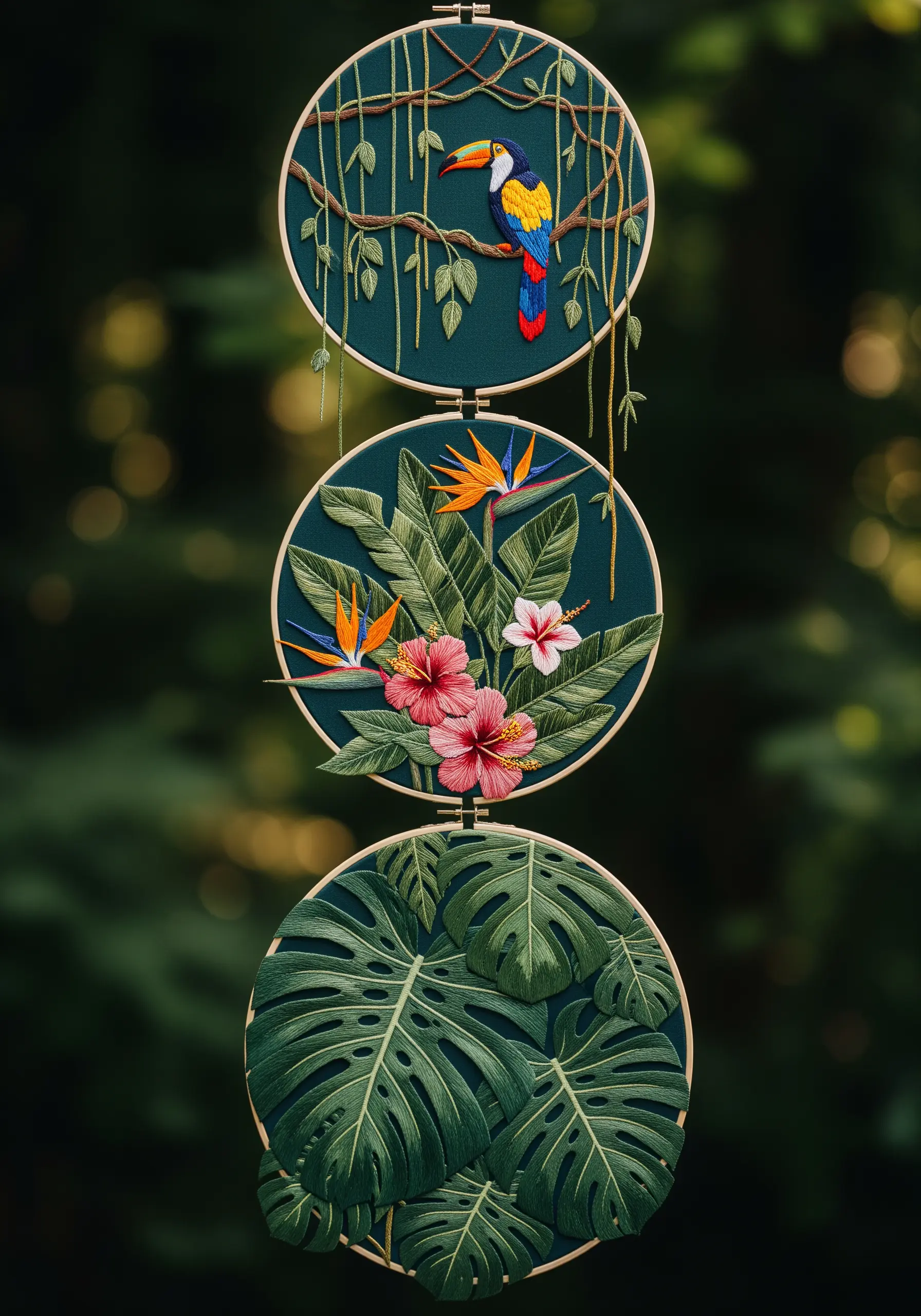 A tropical rainforest triptych featuring a toucan, bird of paradise flowers, and monstera leaves.