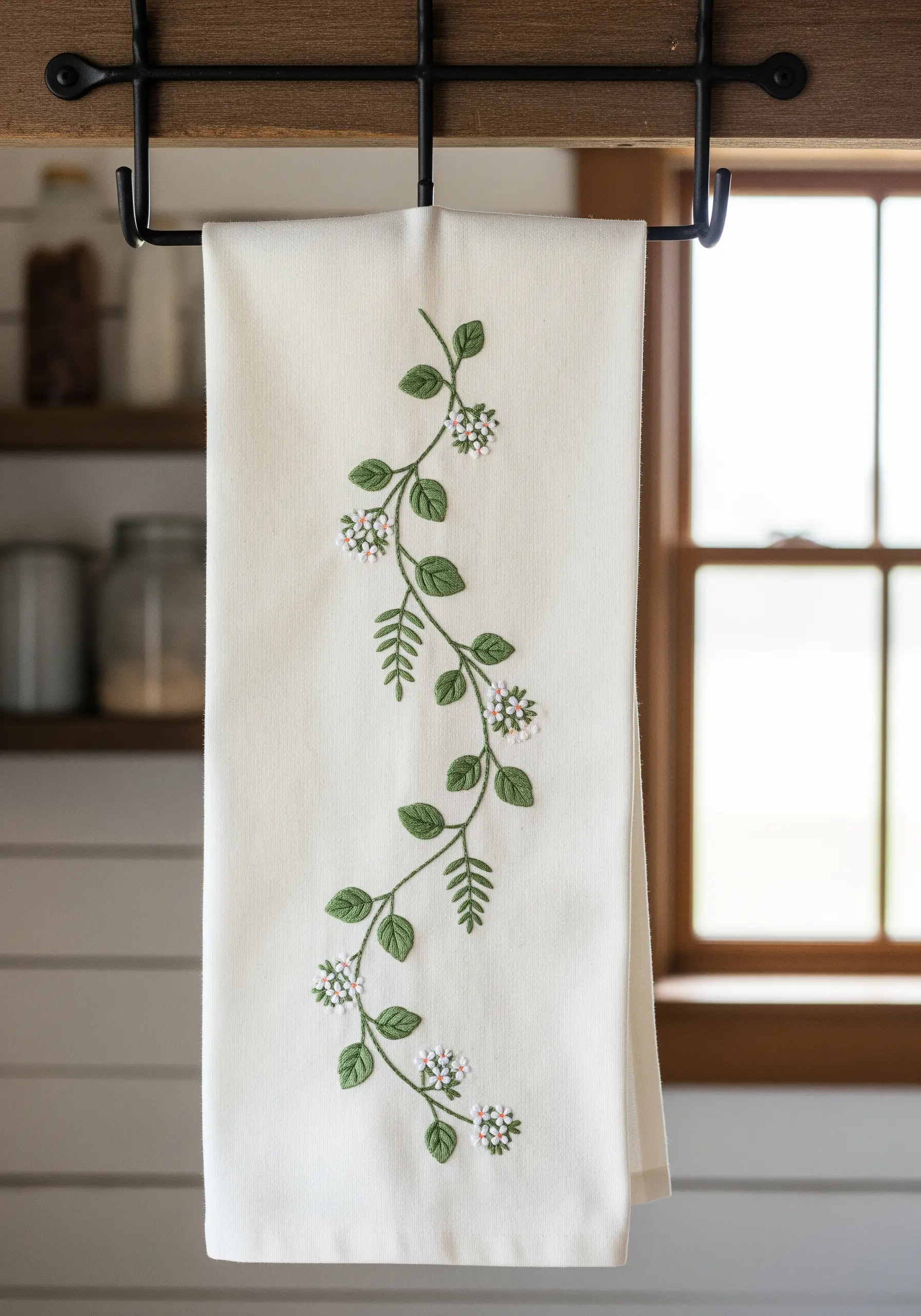 A delicate green vine with small white and pink flower clusters on a cream kitchen towel.