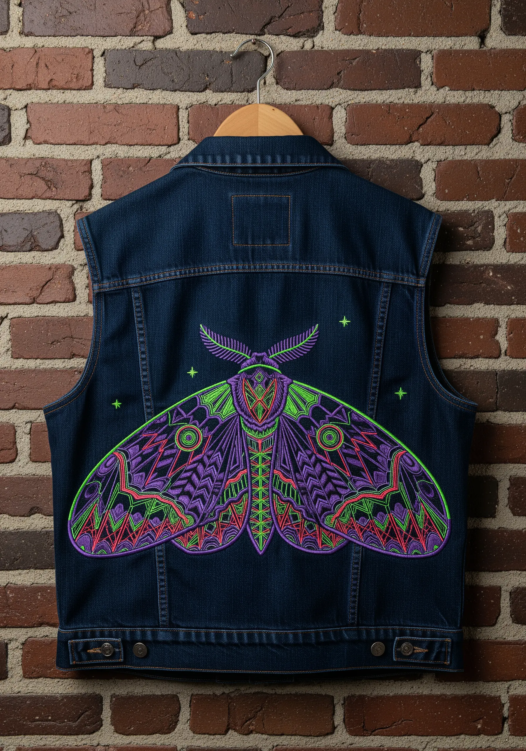 A large, stylized moth in neon purple, green, and pink on a denim vest.