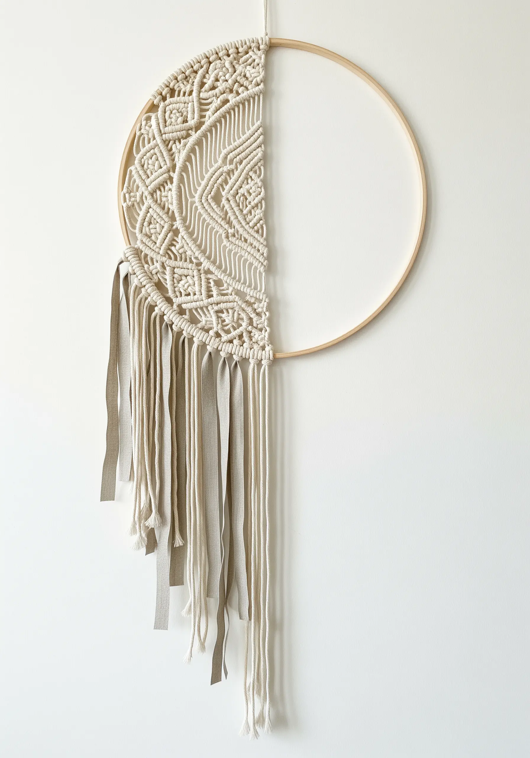 A macrame design on one half of a hoop, balanced by negative space and a simple ribbon fringe.