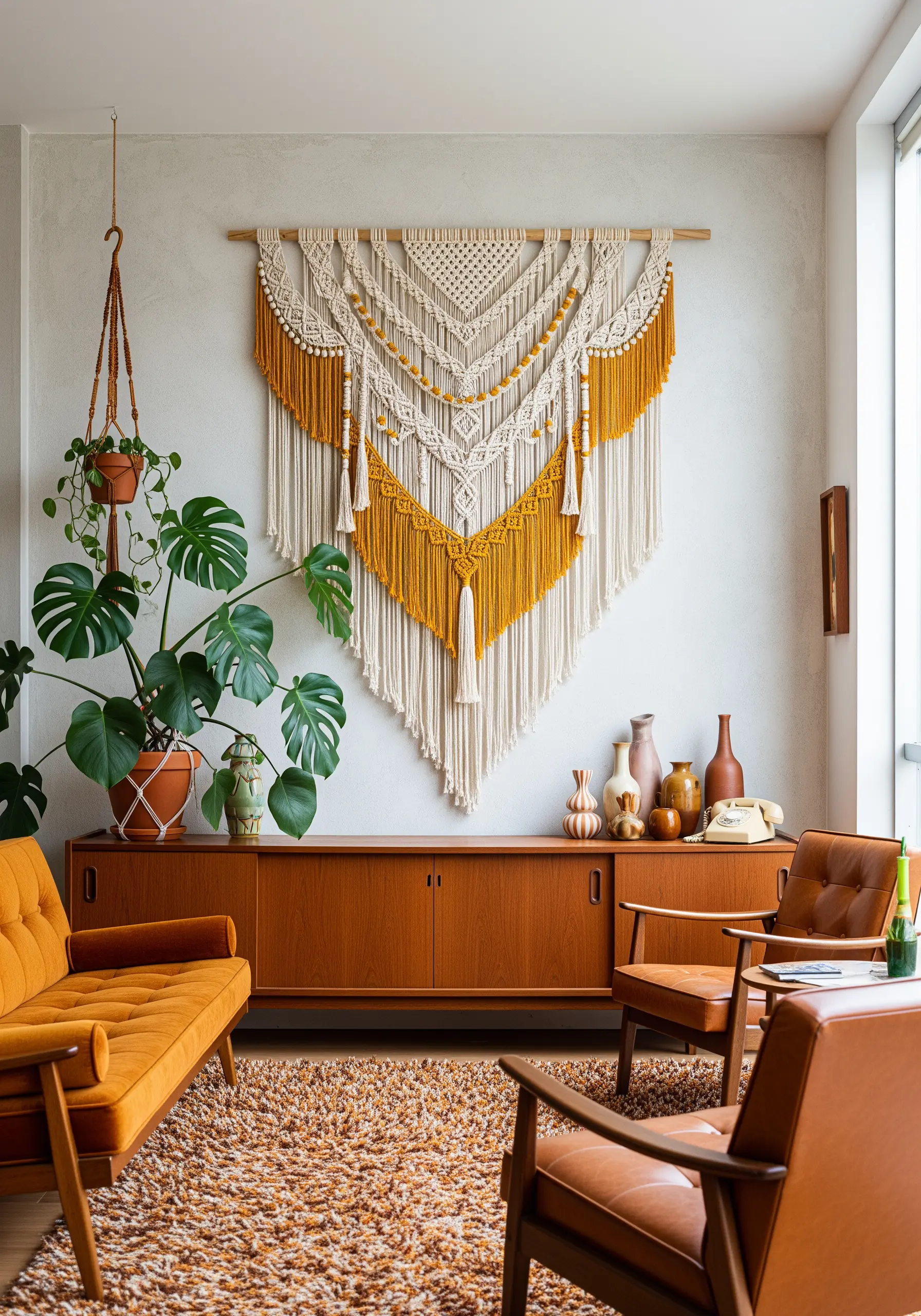 Large macrame wall hanging with mustard and cream yarn