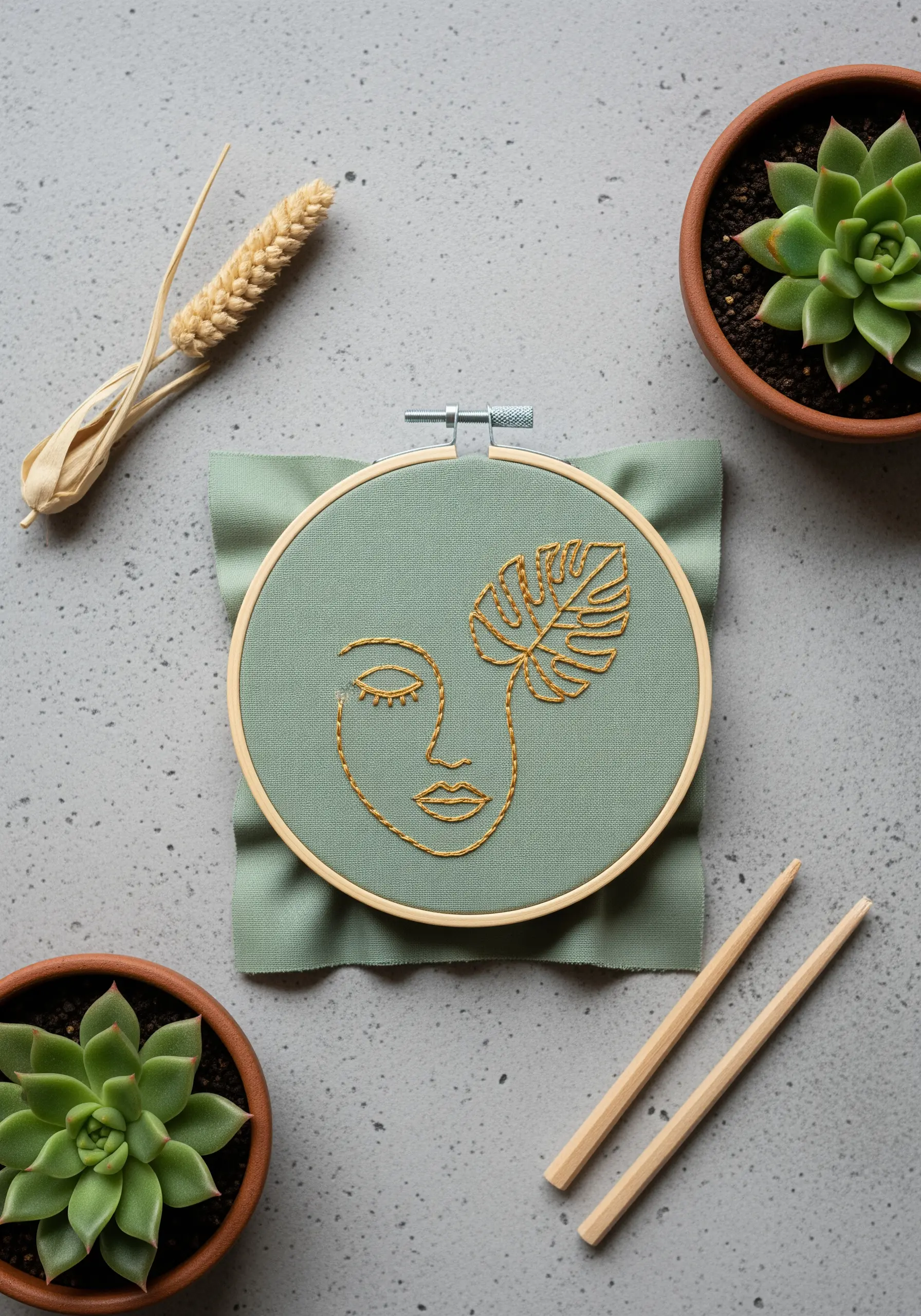 Minimalist gold thread face combined with a detailed monstera leaf on green fabric.