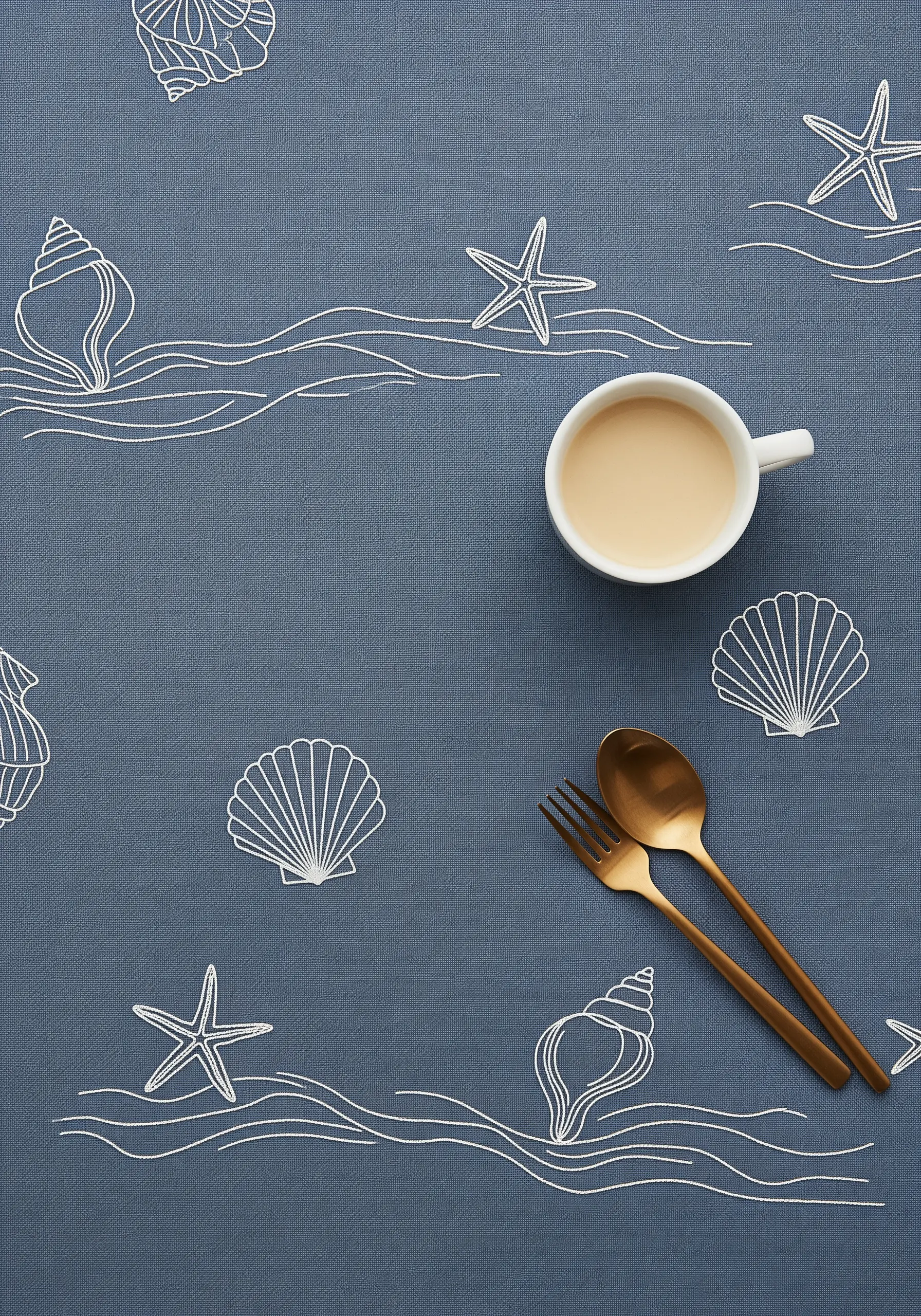 A scattered pattern of seashells and starfish embroidered in white on a blue tablecloth.
