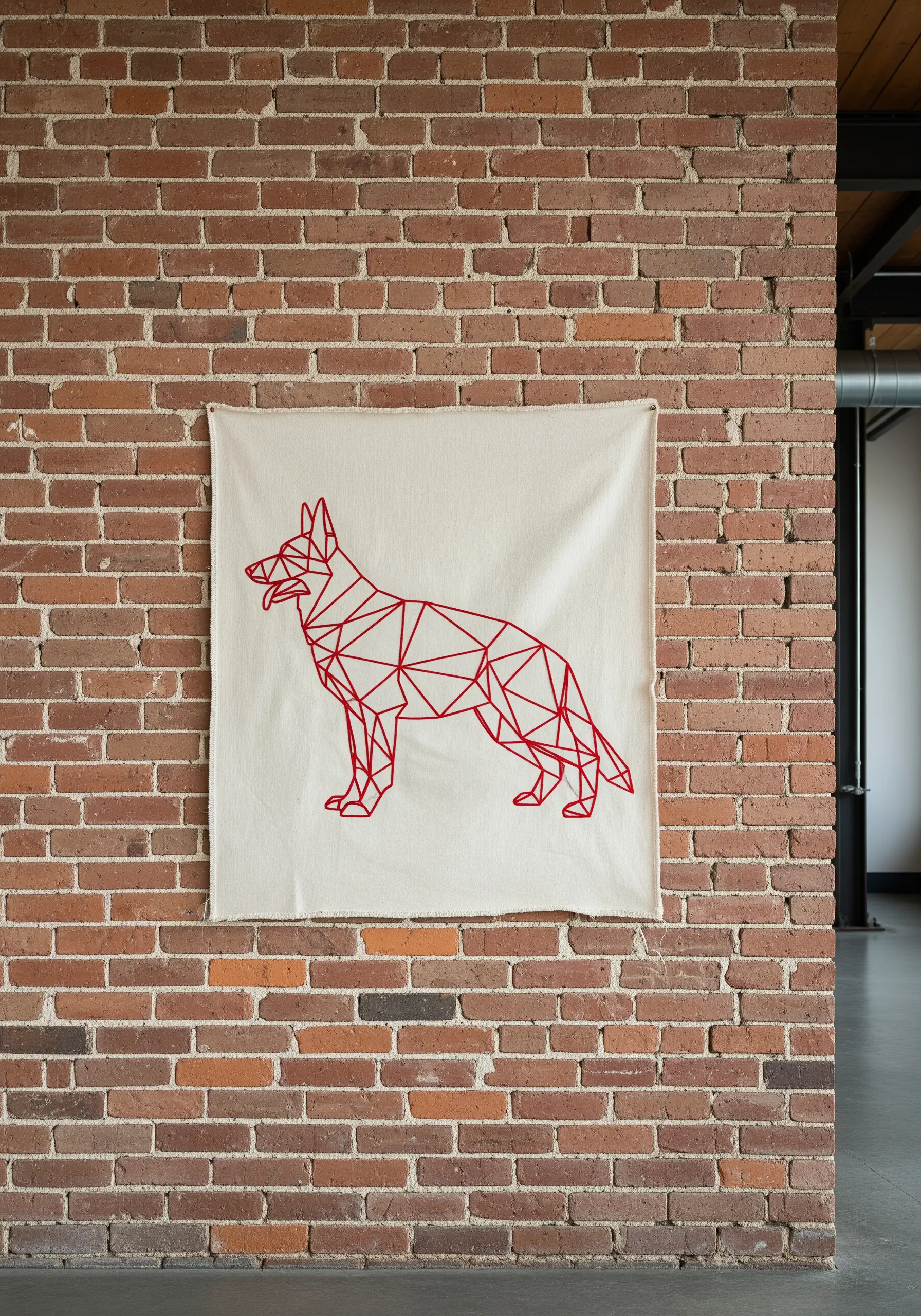 Geometric red German Shepherd line art on a hanging canvas banner