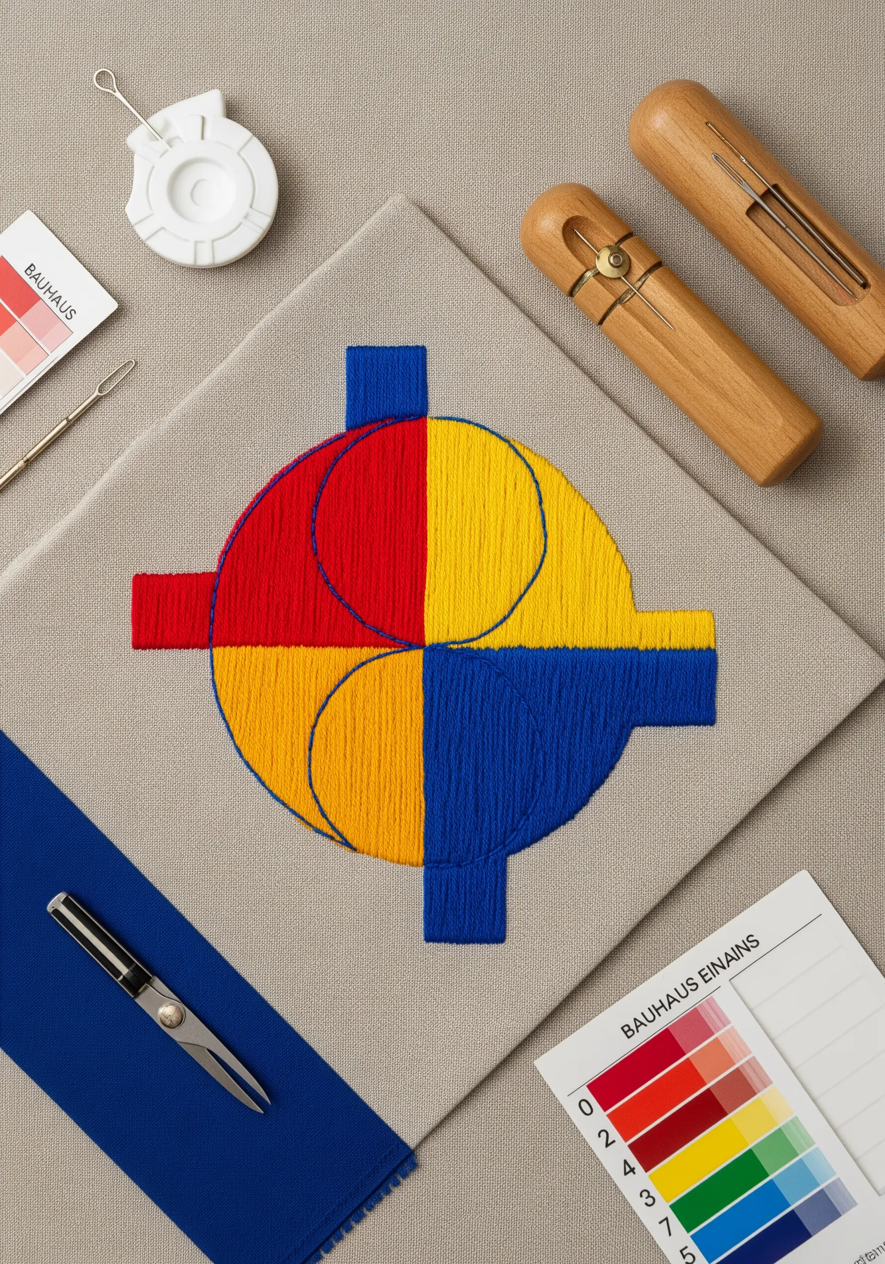 Geometric Bauhaus style embroidery with red, yellow, and blue