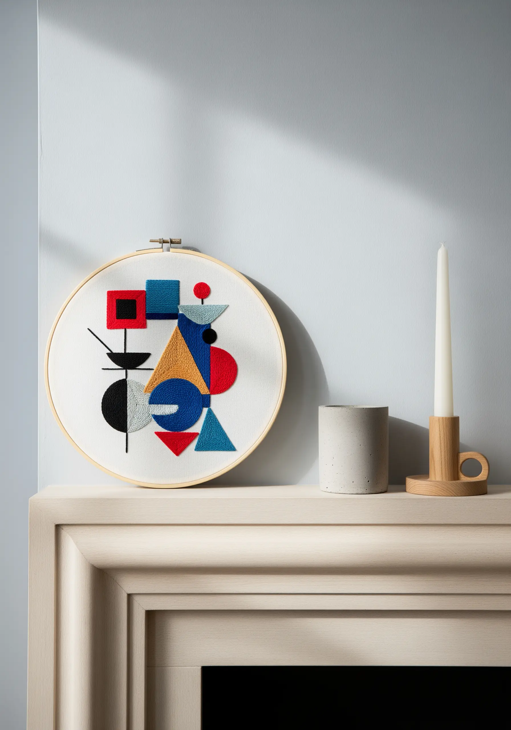 Geometric Bauhaus style embroidery hoop with primary colors