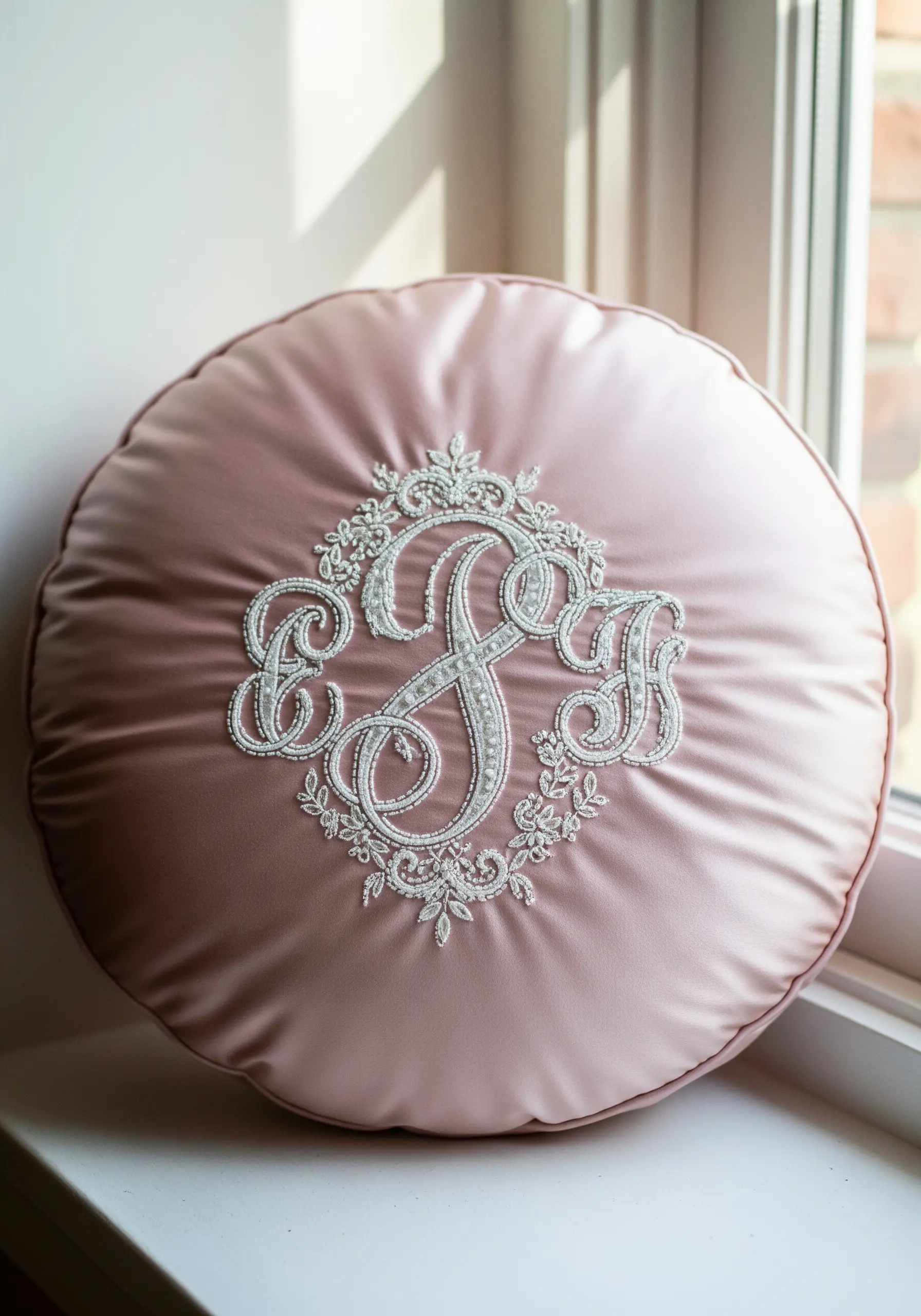 Pink round cushion with beaded white monogram embroidery