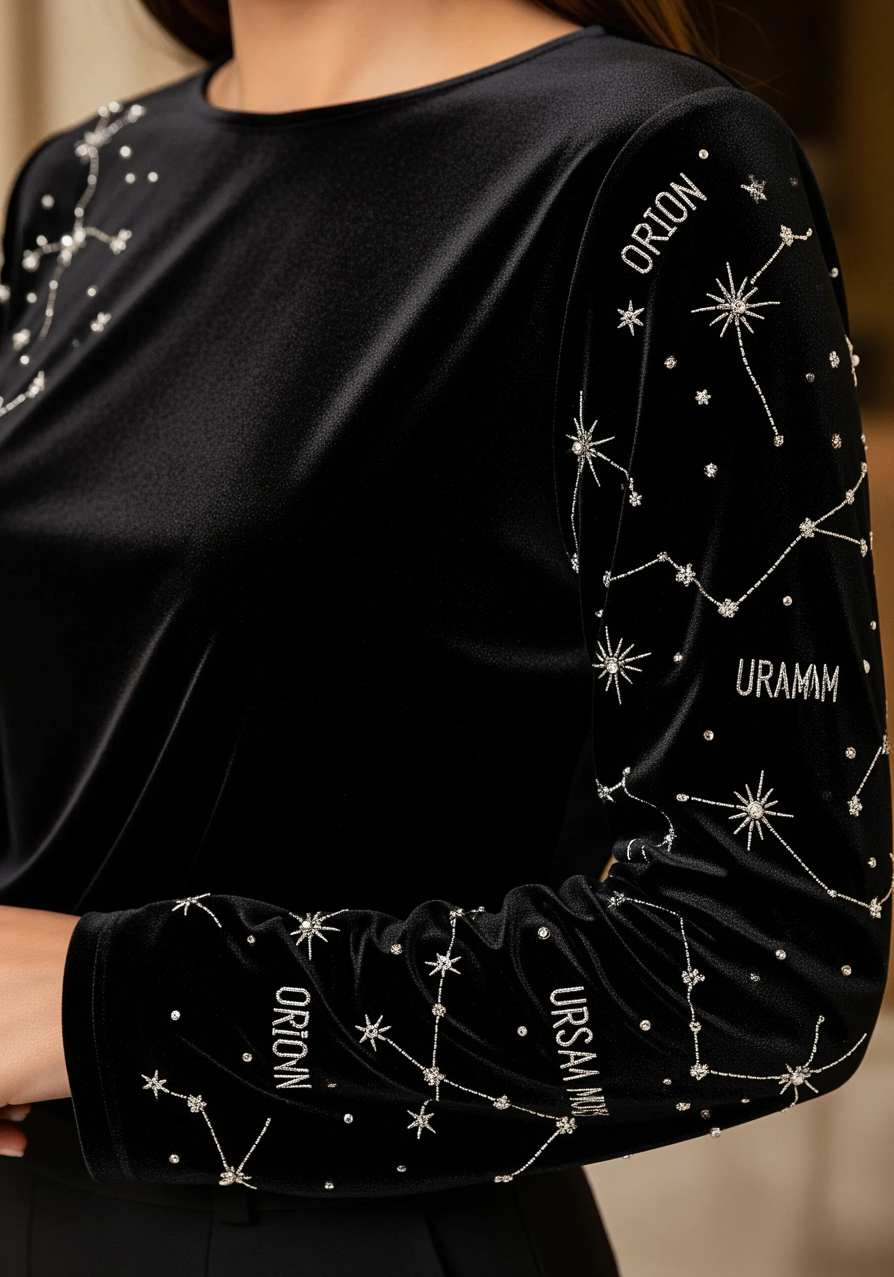 Embroidered constellations with silver beads and thread on the sleeve of a black velvet top.