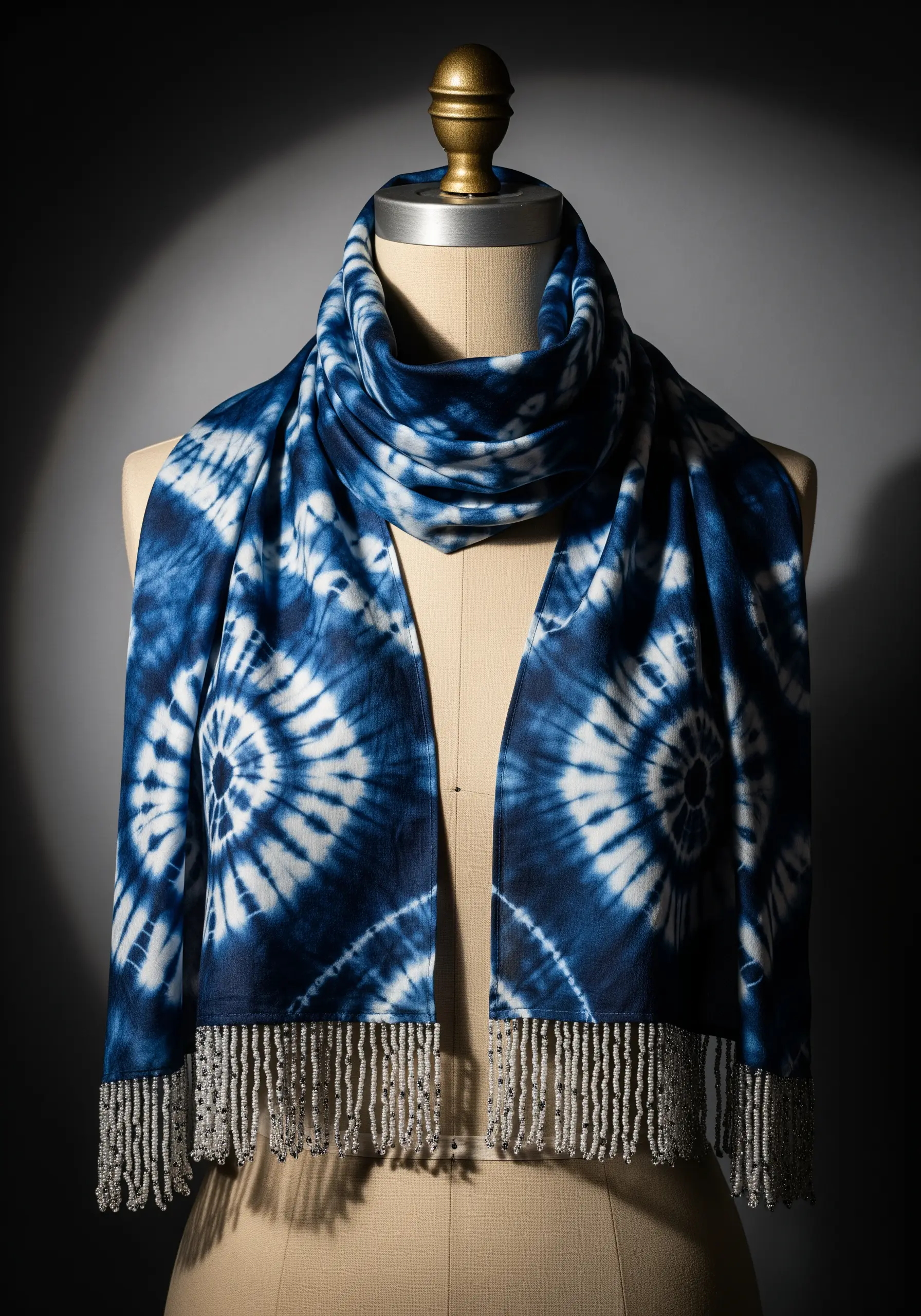 A blue and white Shibori tie-dye scarf with a delicate silver seed bead fringe.