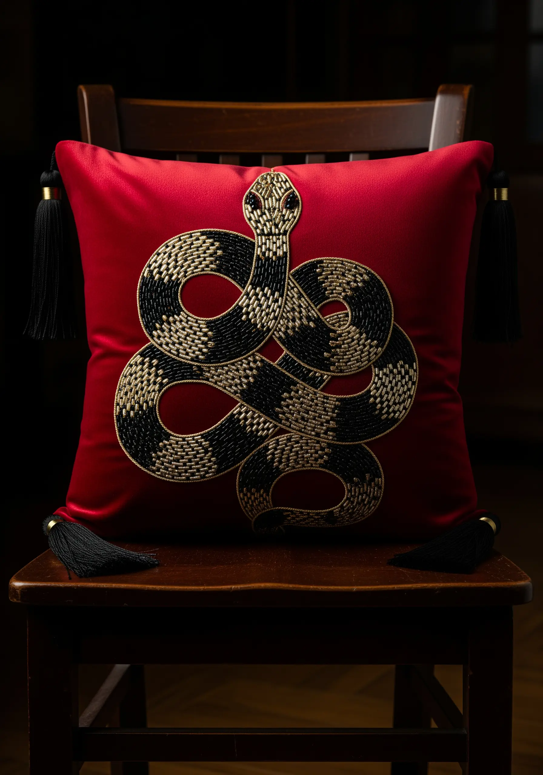 A coiled snake rendered in black and gold beads on a dramatic red velvet pillow.