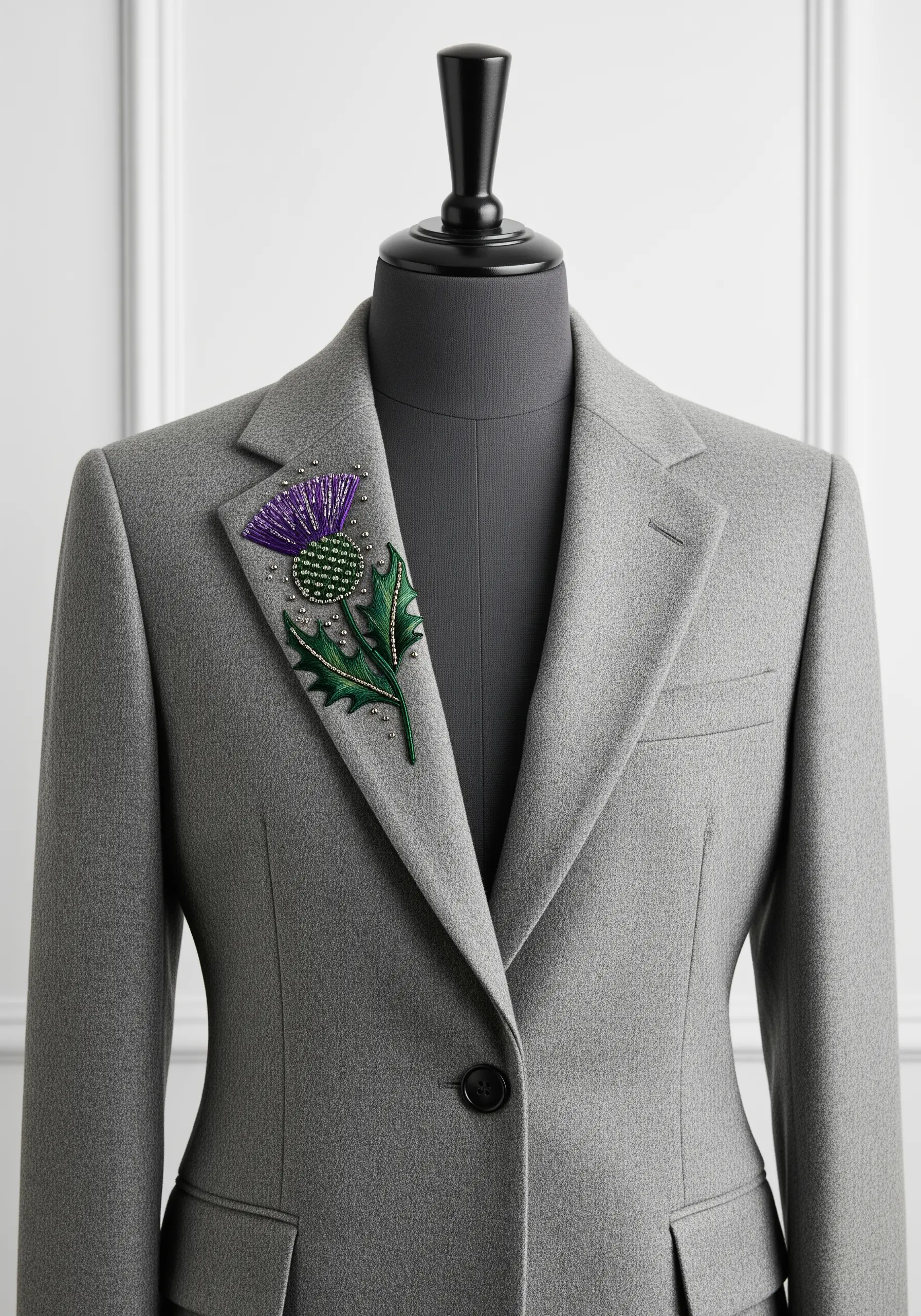A dimensional thistle on a grey blazer lapel, combining purple beading and green thread.