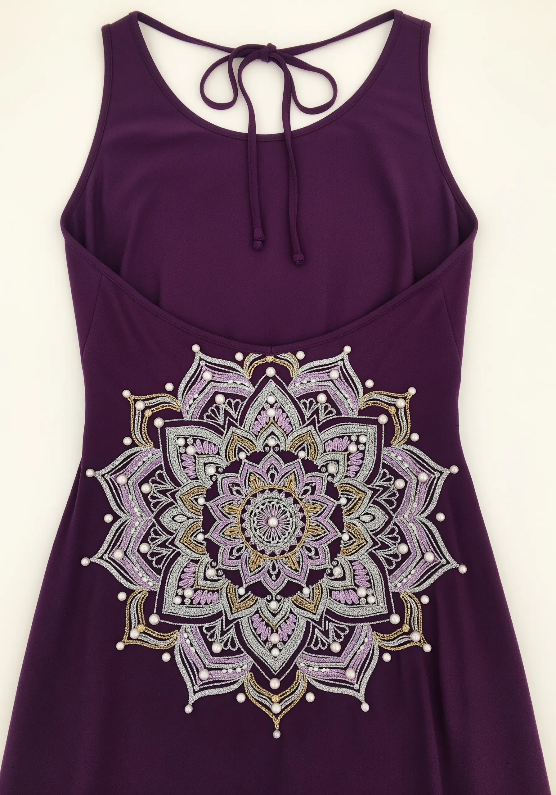 An intricate mandala in silver, gold, and purple glitter thread with pearls on a purple dress.