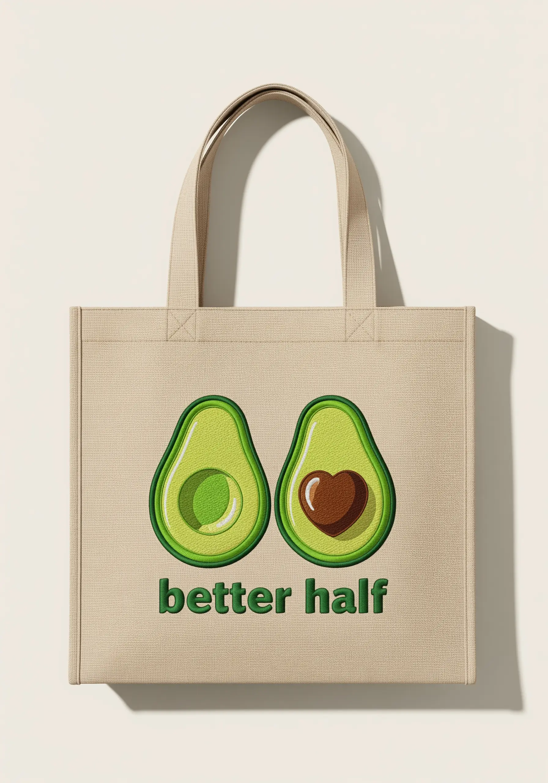 Two embroidered avocado halves with the text 'better half' on a canvas tote. One pit is a heart.