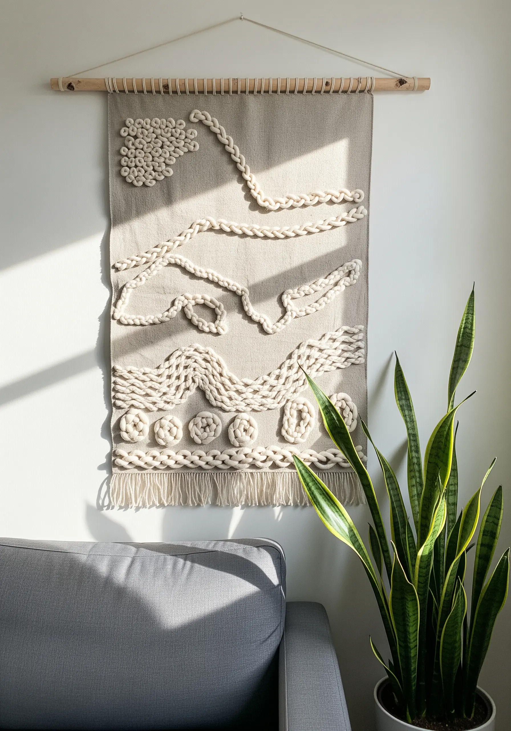 A neutral wall hanging with abstract lines and loops made from thick cream-colored yarn.