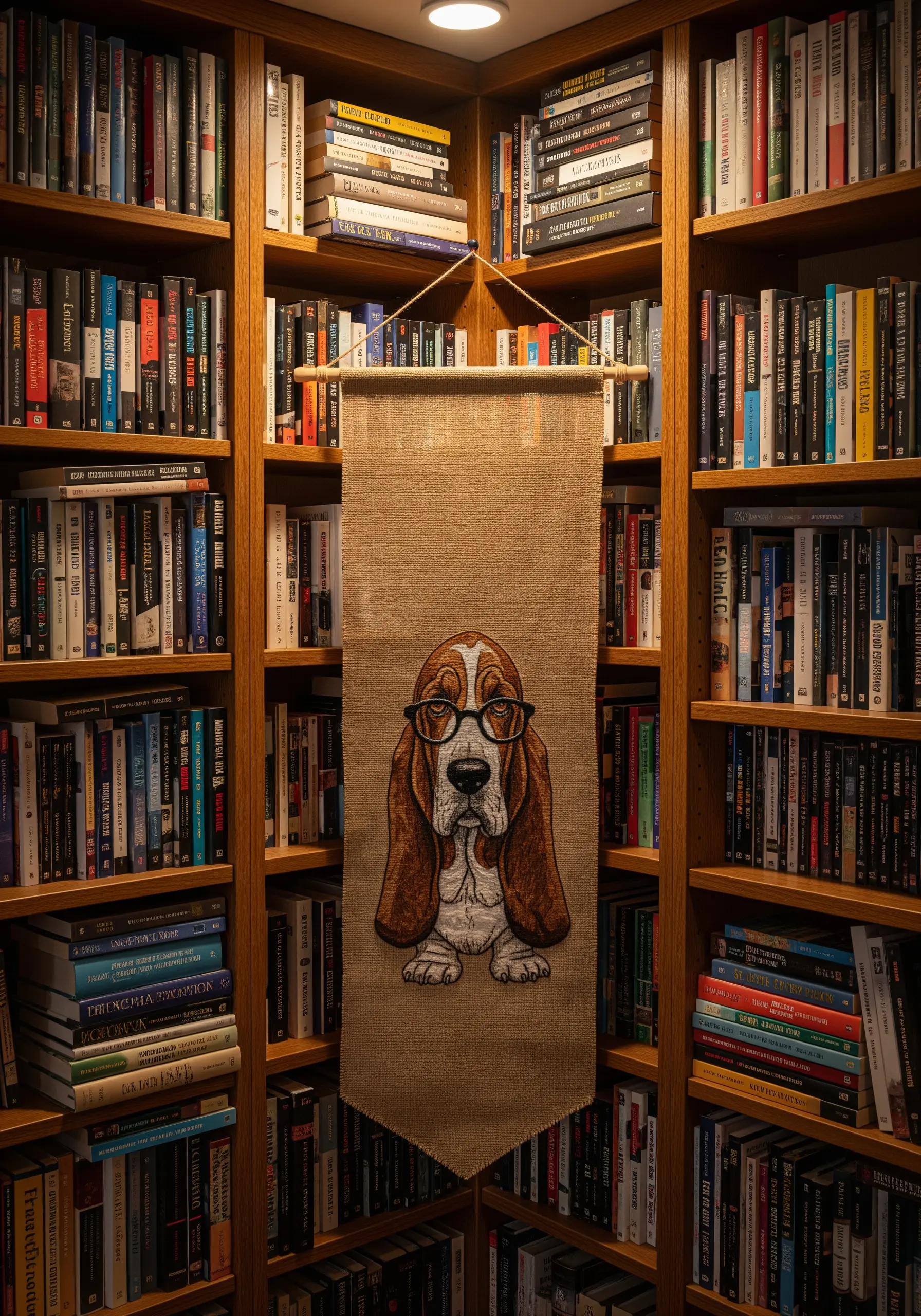 An embroidered Basset hound wearing glasses on a hanging burlap banner.