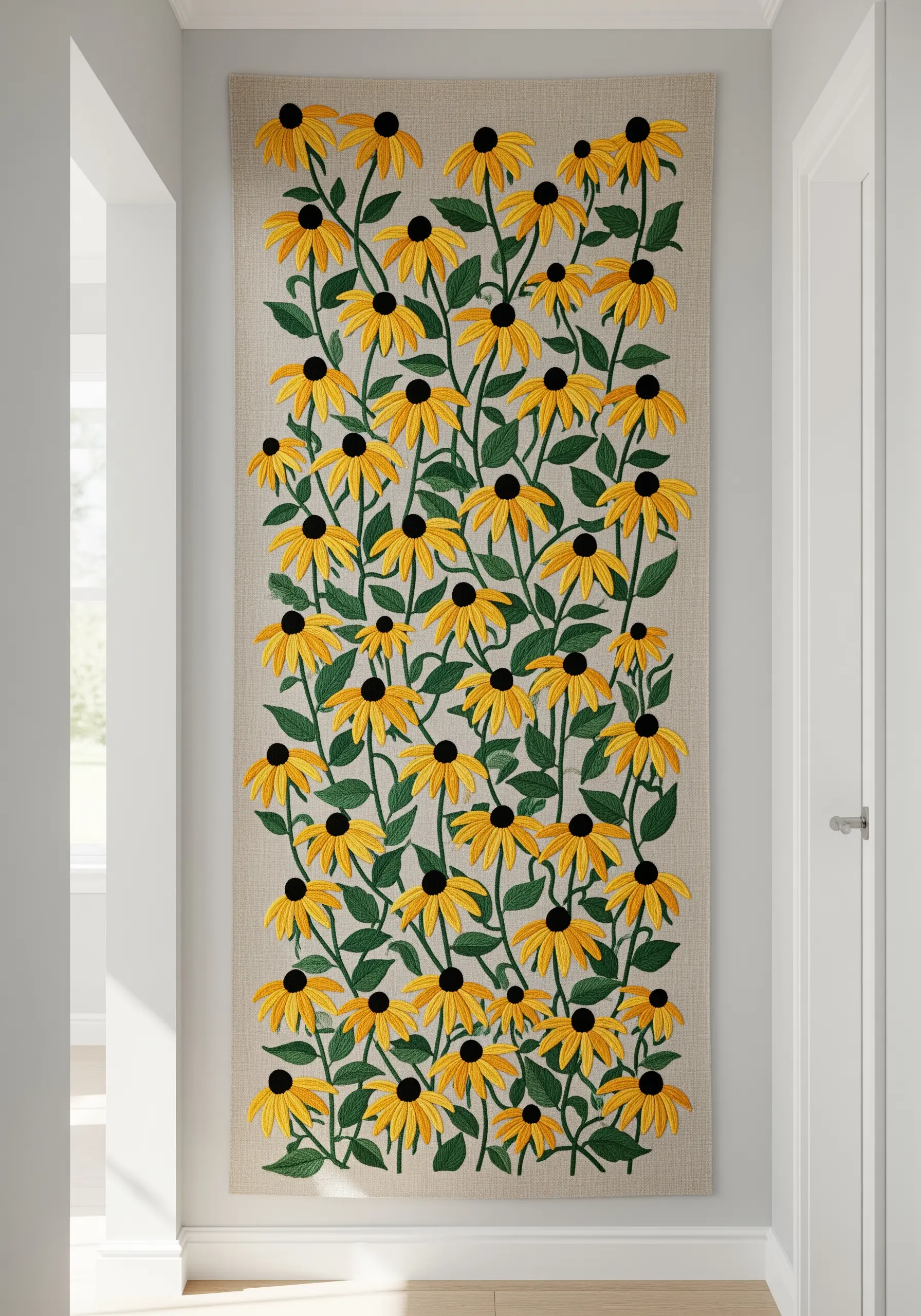A tall wall hanging densely embroidered with yellow Black-Eyed Susan flowers.