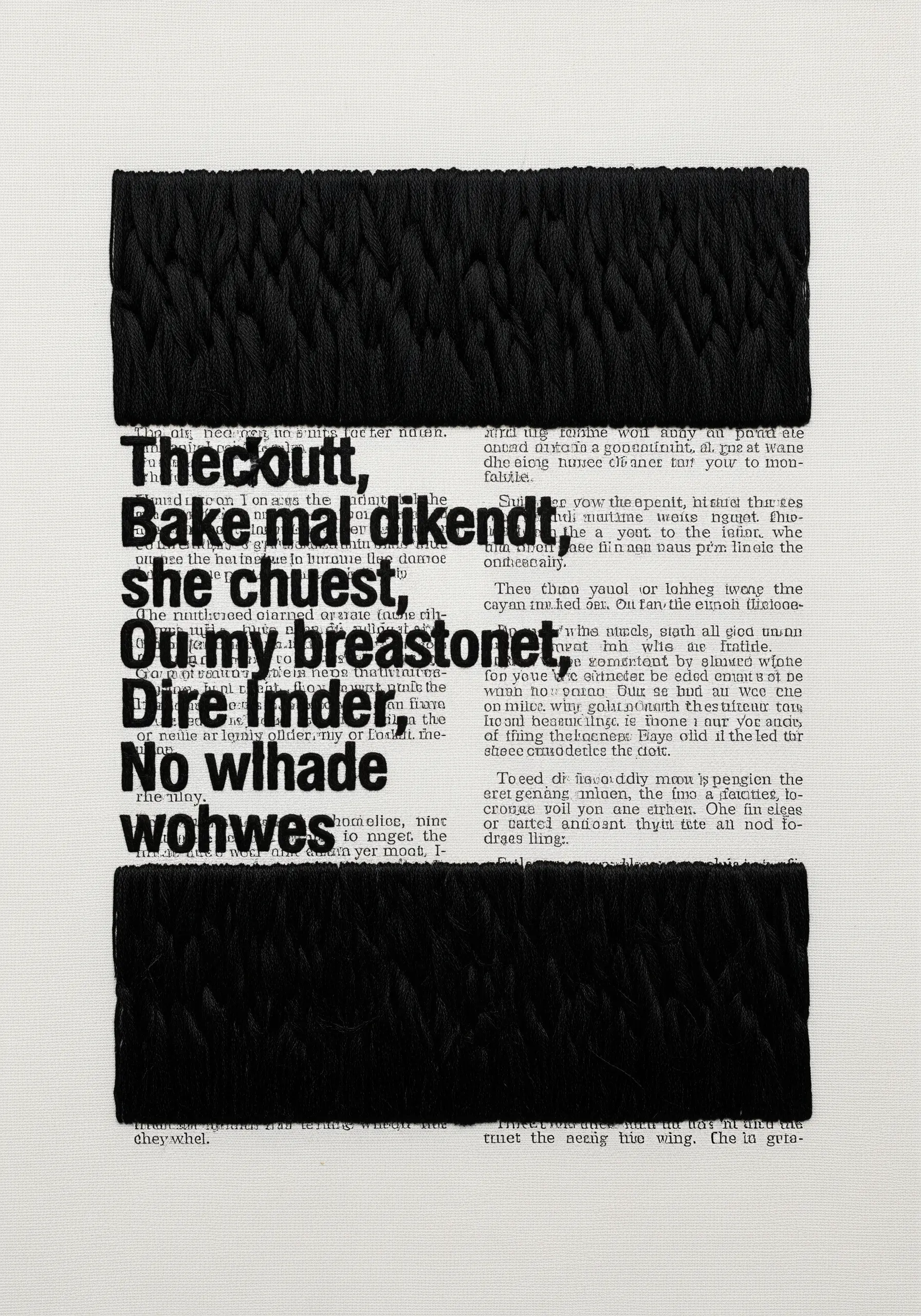 Embroidered blackout poetry, with dense black thread covering parts of a printed text to reveal new words.