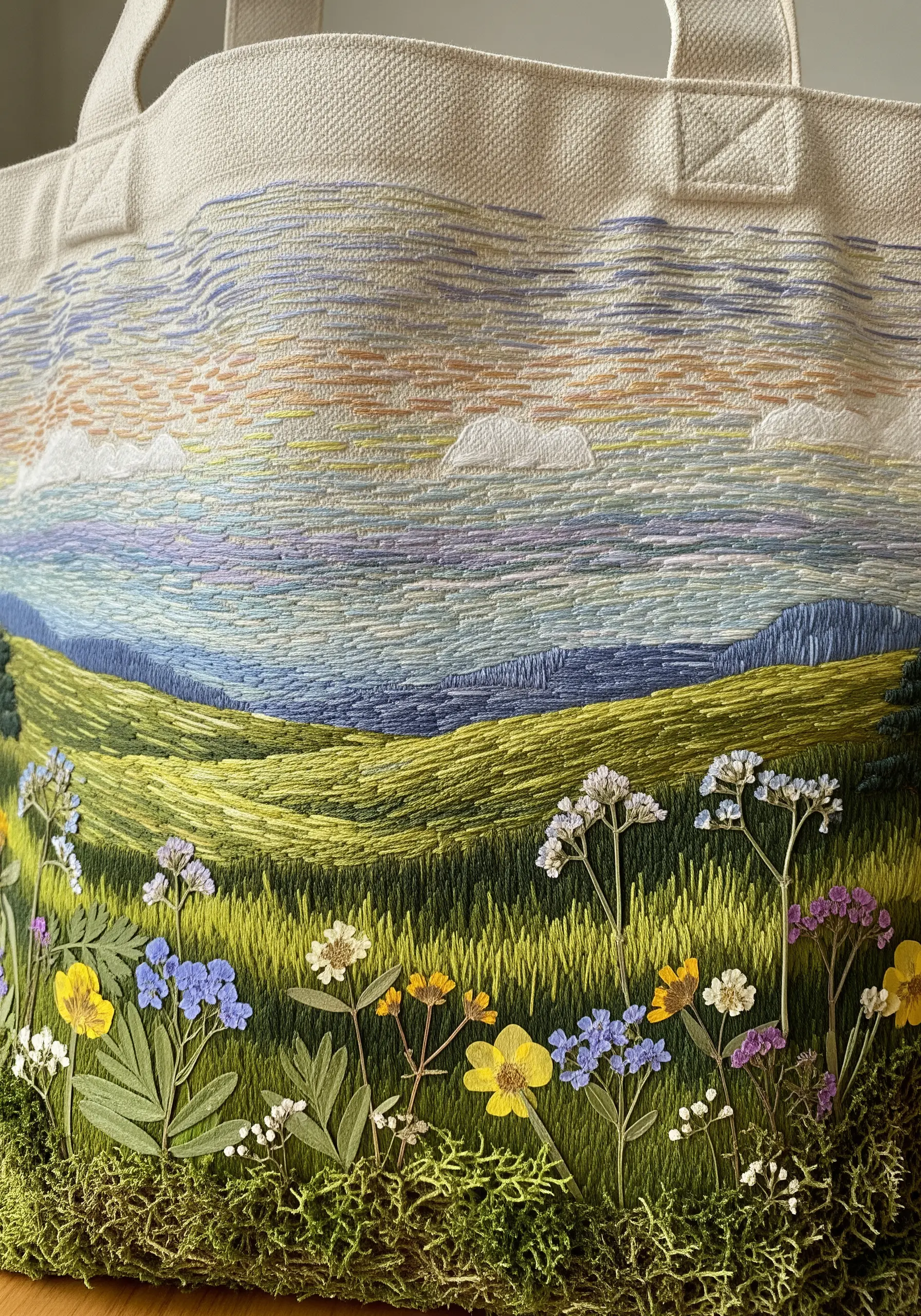 An embroidered landscape on a tote bag with a foreground of real pressed wildflowers and moss.
