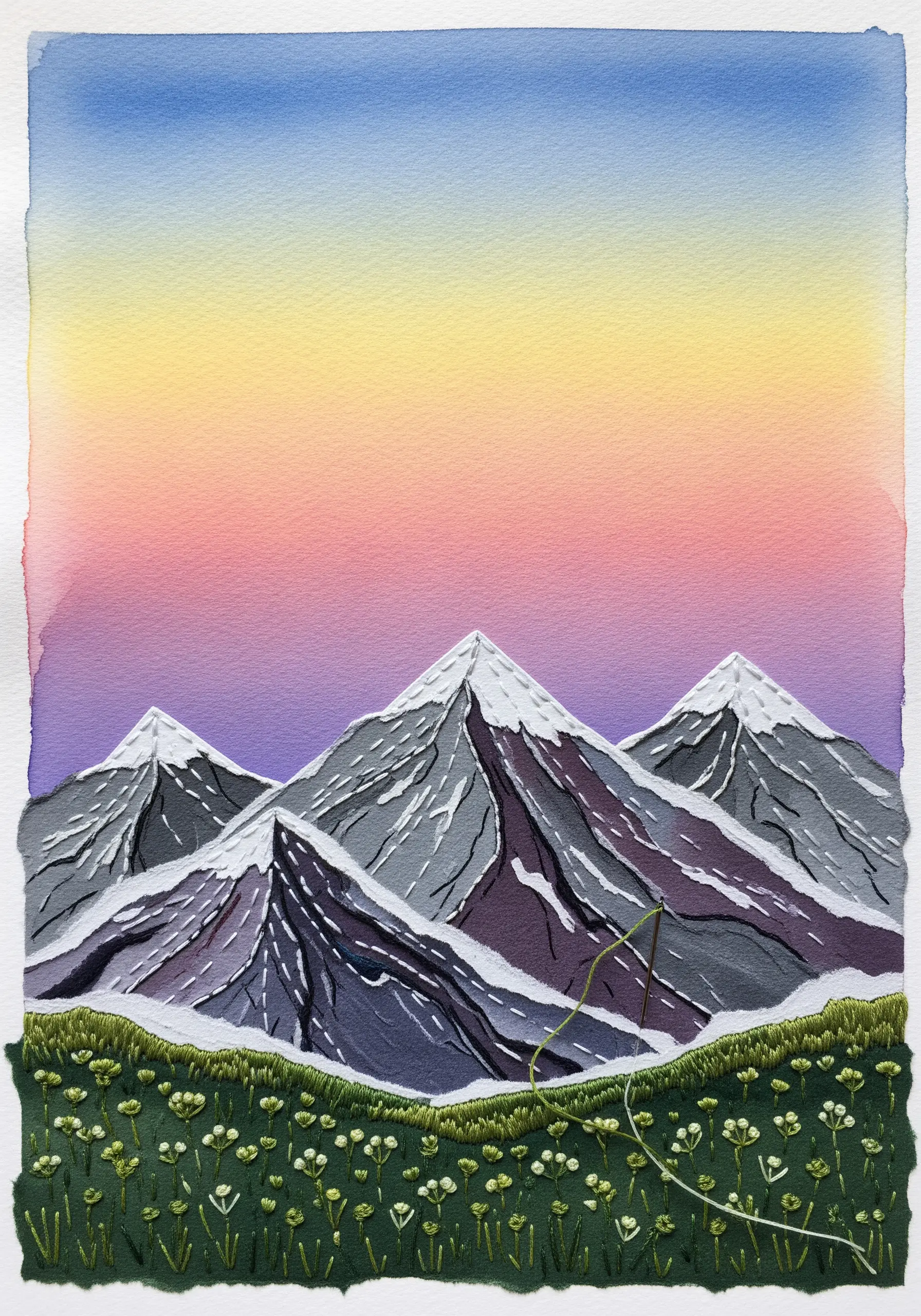 A mountain landscape with a painted watercolor sky and a densely stitched green meadow.
