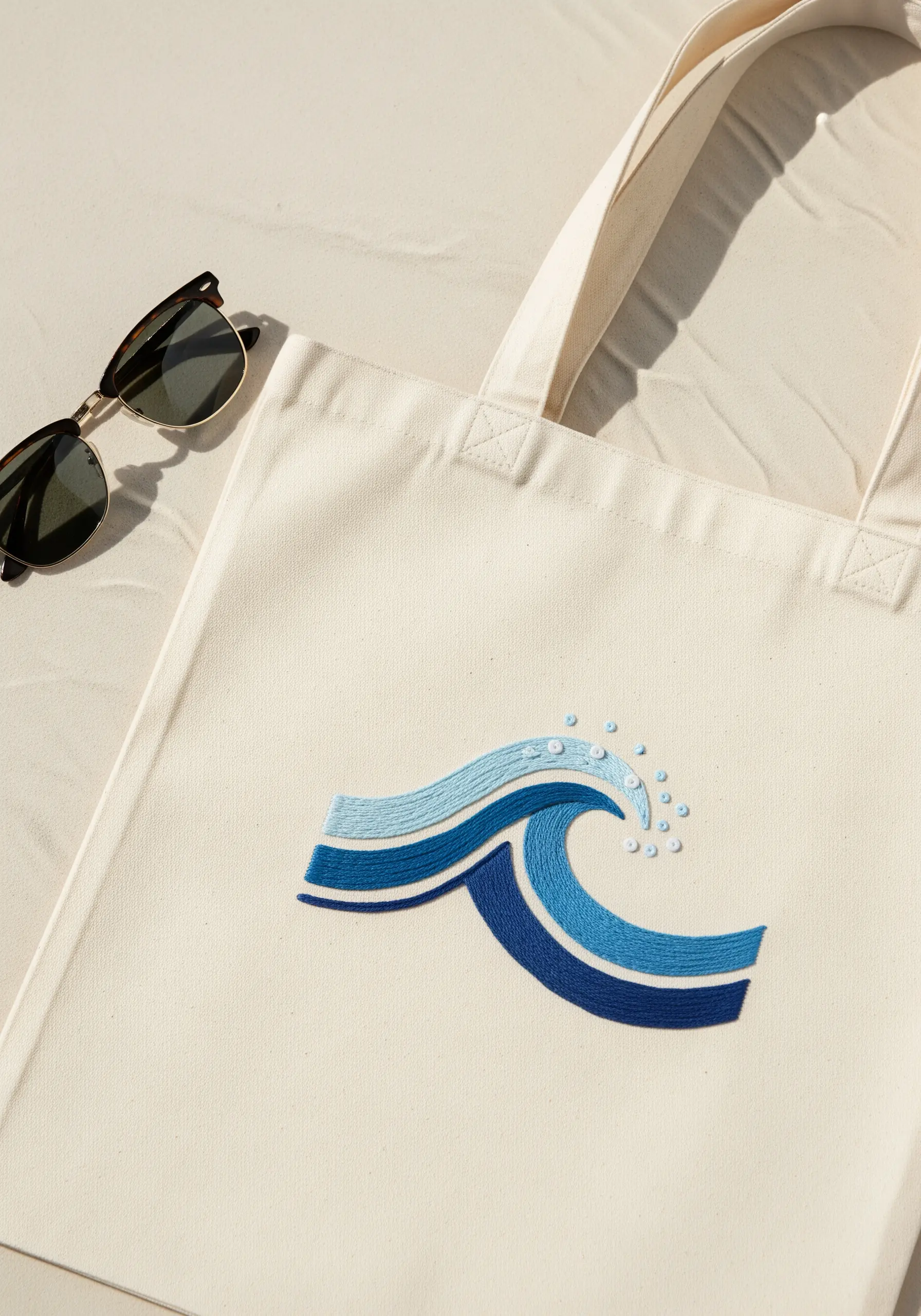 An embroidered wave with blended shades of blue and white french-knot sea spray.