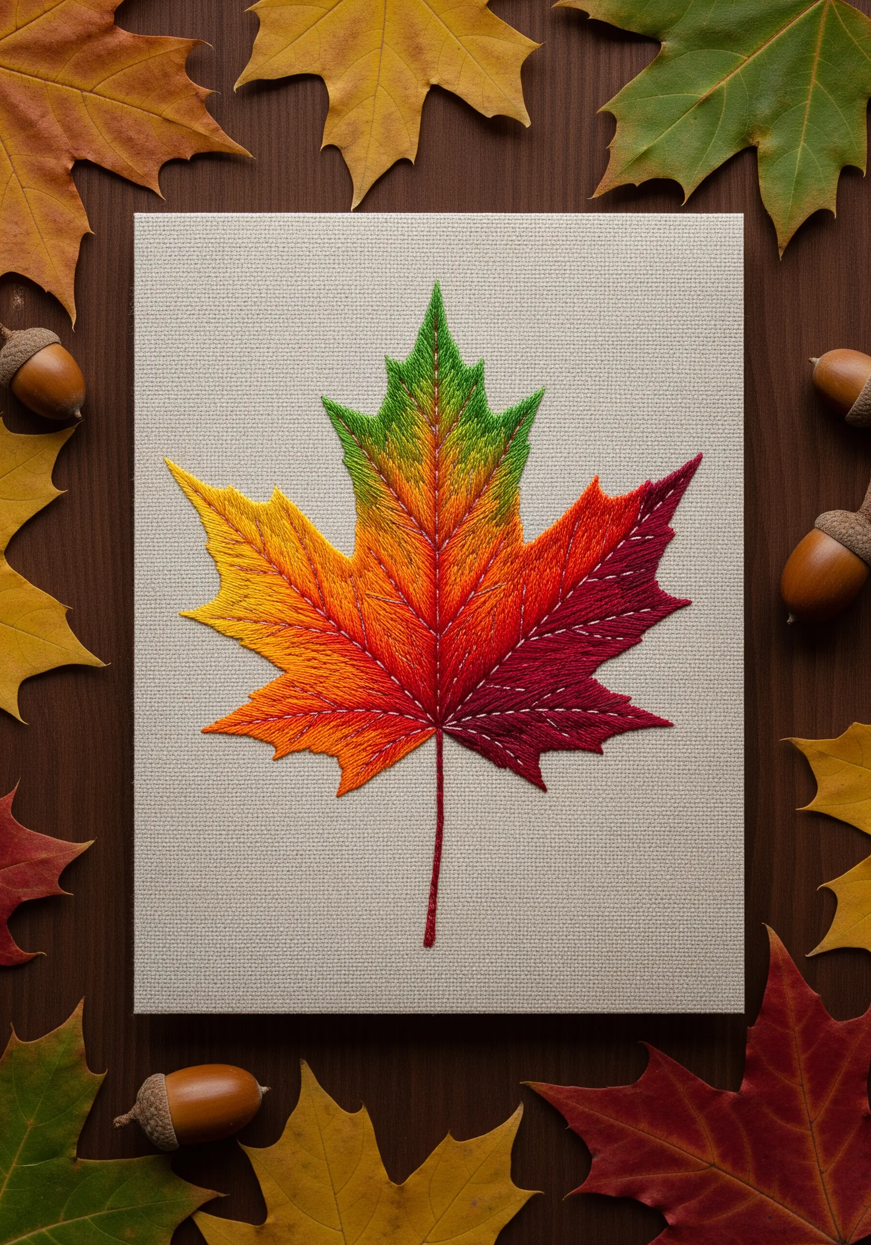 A thread-painted maple leaf with a seamless gradient from green to yellow, orange, and red.