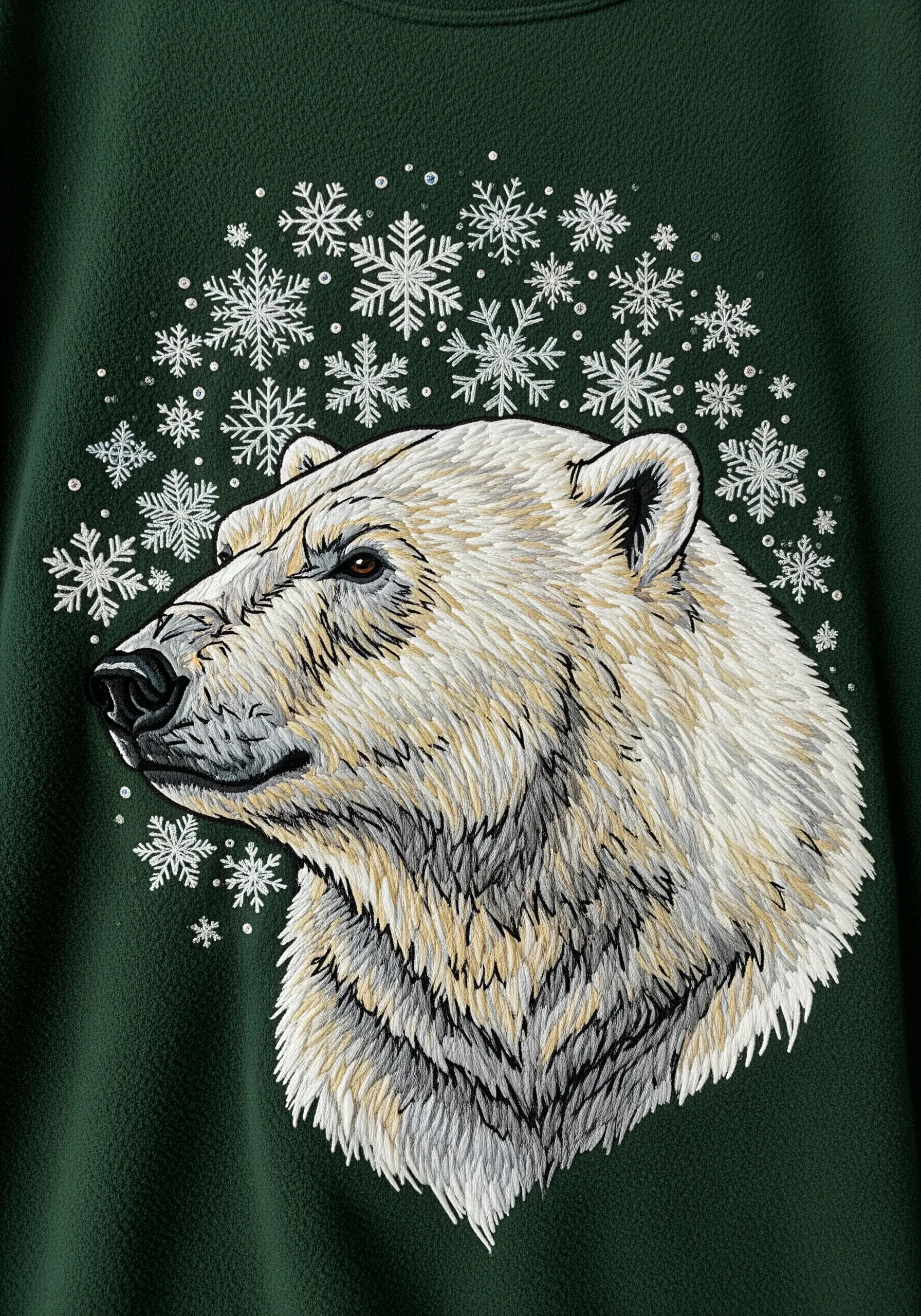 A realistic, thread-painted portrait of a polar bear head on a dark green sweater.