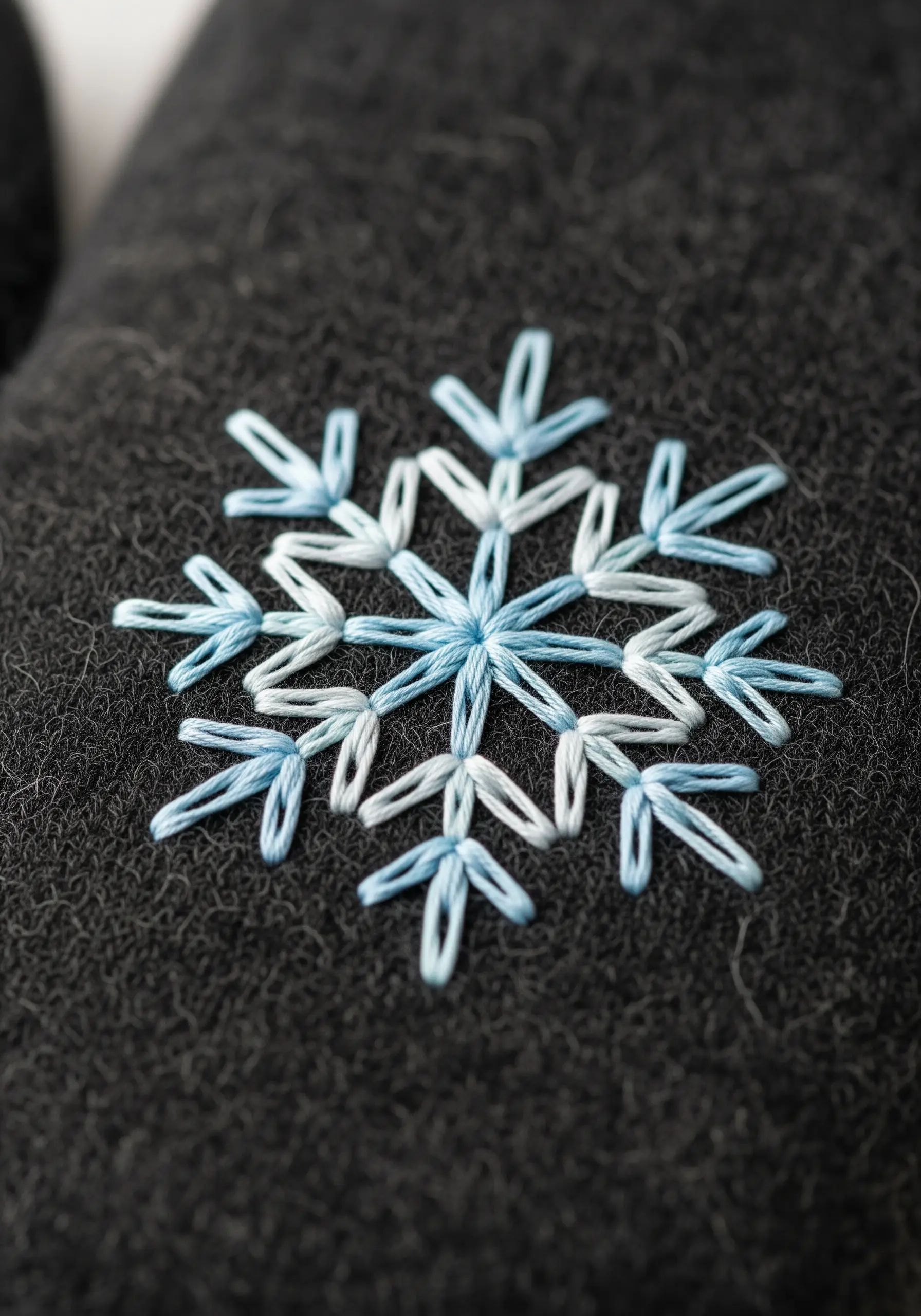 A delicate snowflake embroidered with blended blue and white thread on dark gray felt.