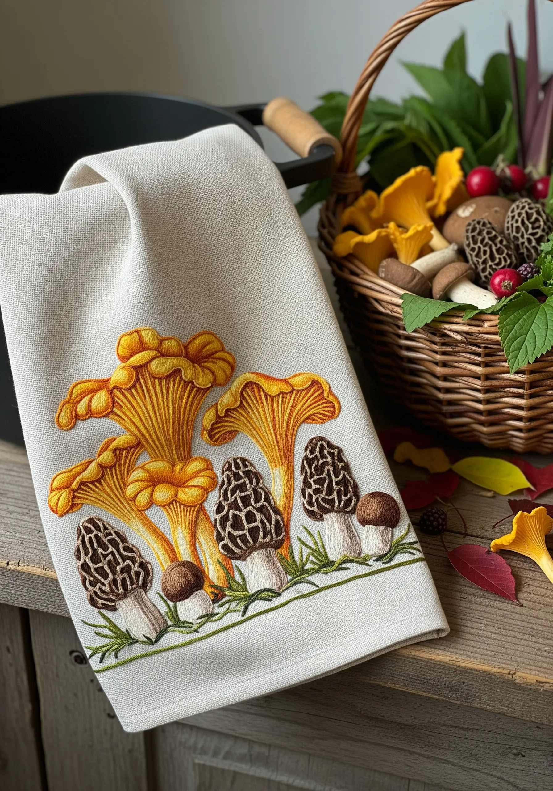 A cluster of realistic chanterelle and morel mushrooms on a linen tea towel.