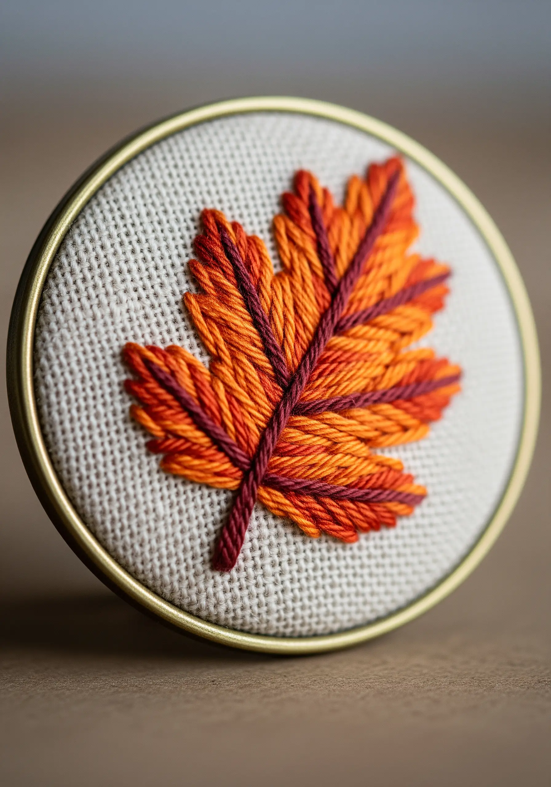 An embroidered autumn maple leaf with blended red, orange, and yellow threads.