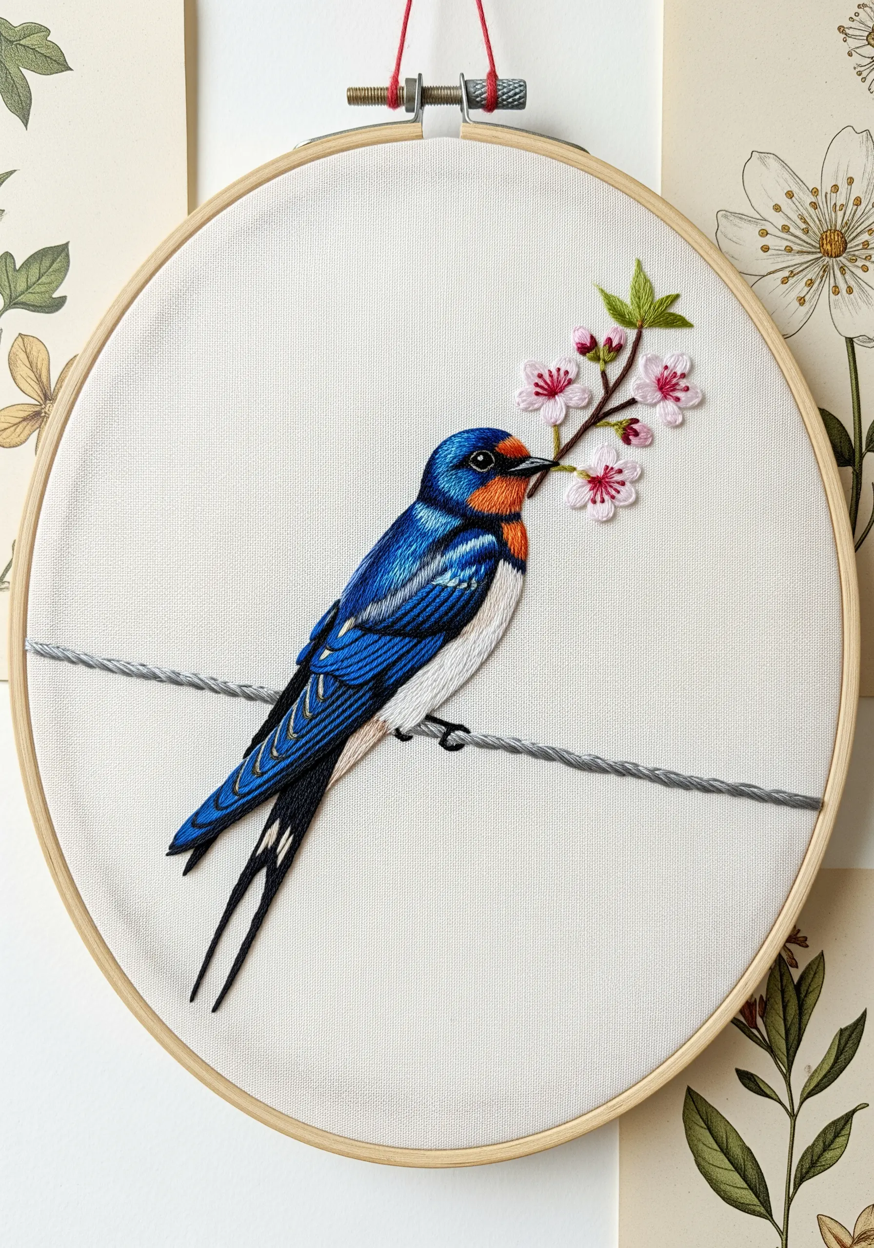 A detailed embroidery of a swallow with iridescent blue feathers, holding a cherry blossom branch.