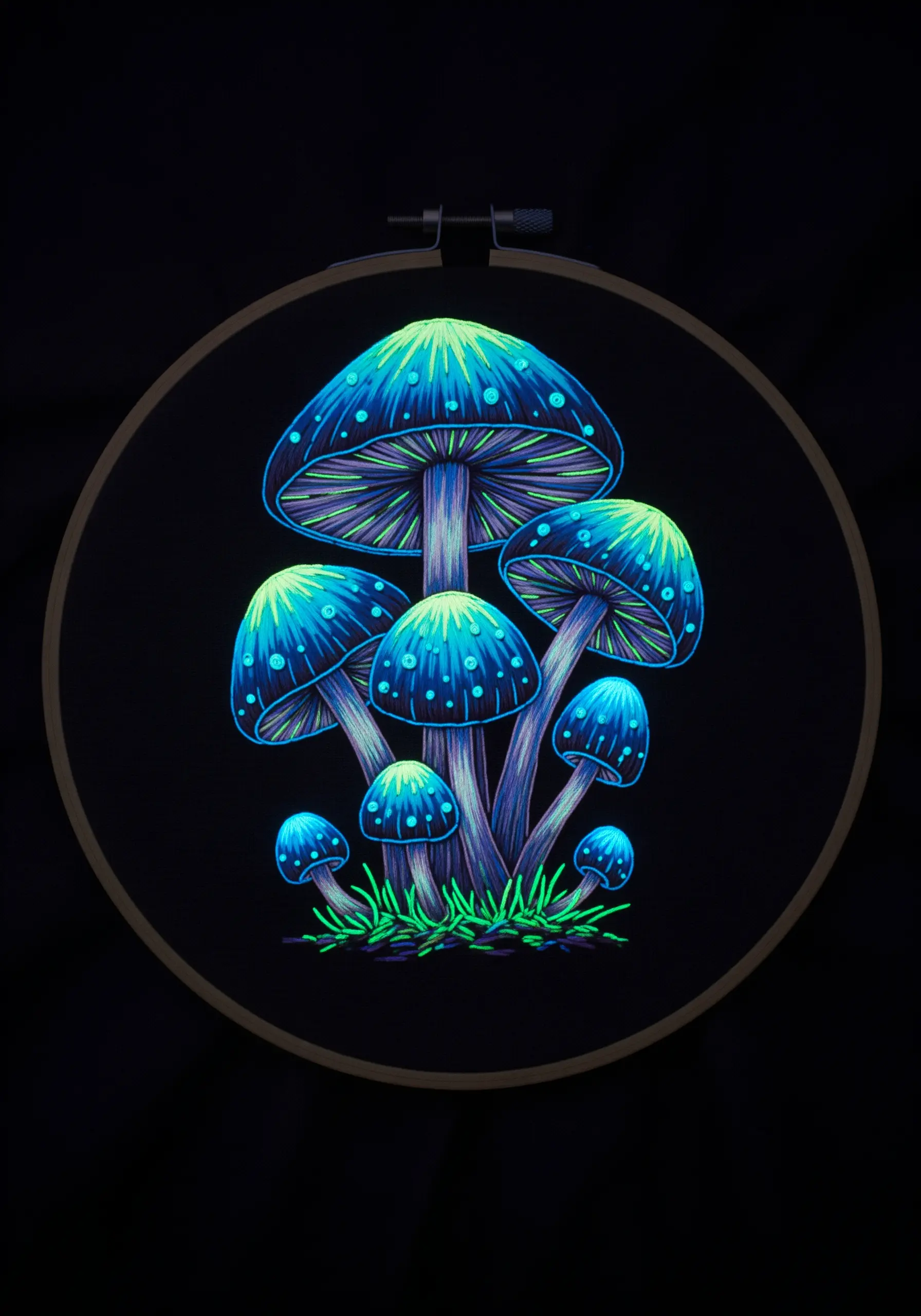 A cluster of bioluminescent mushrooms stitched in glowing blue and green neon thread.