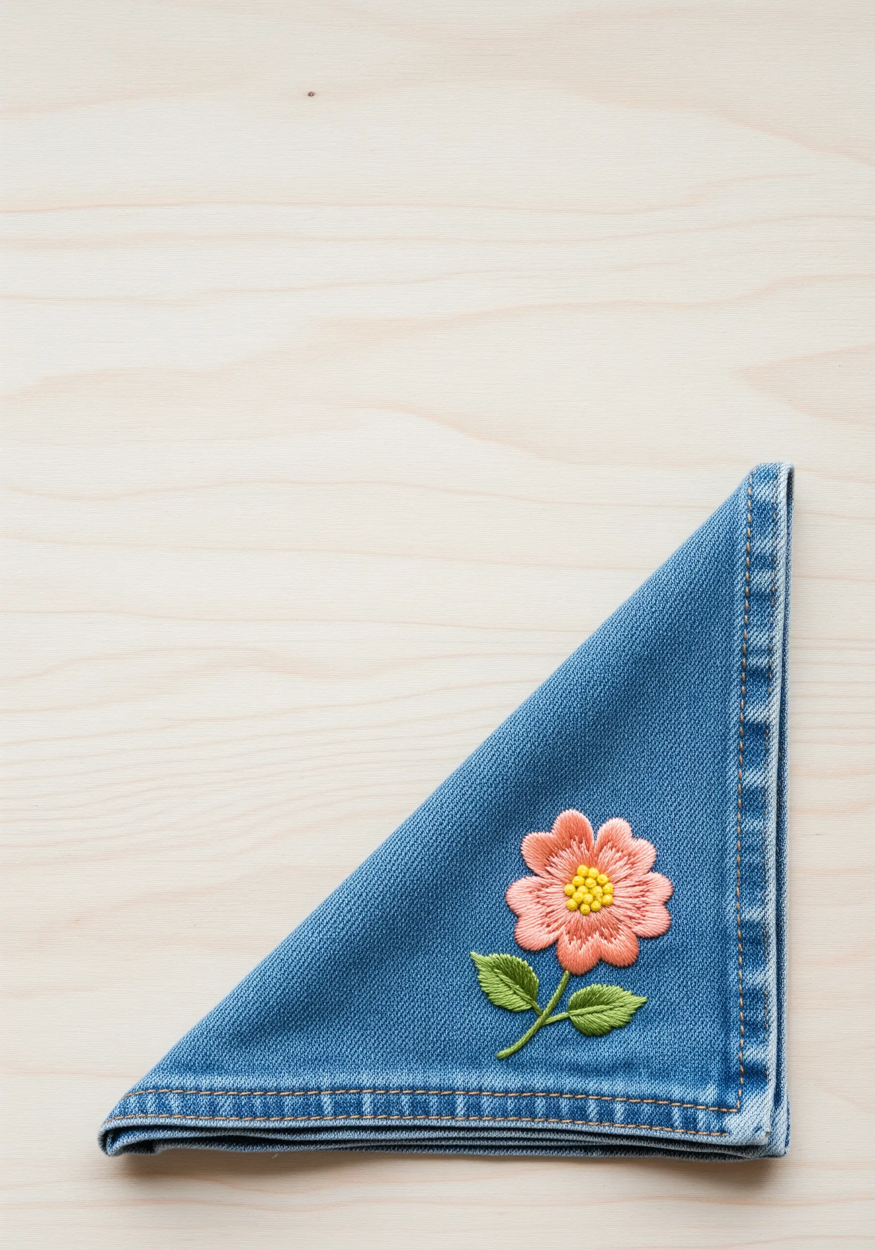 A single pink flower embroidered on a folded piece of denim, showing blended colors.
