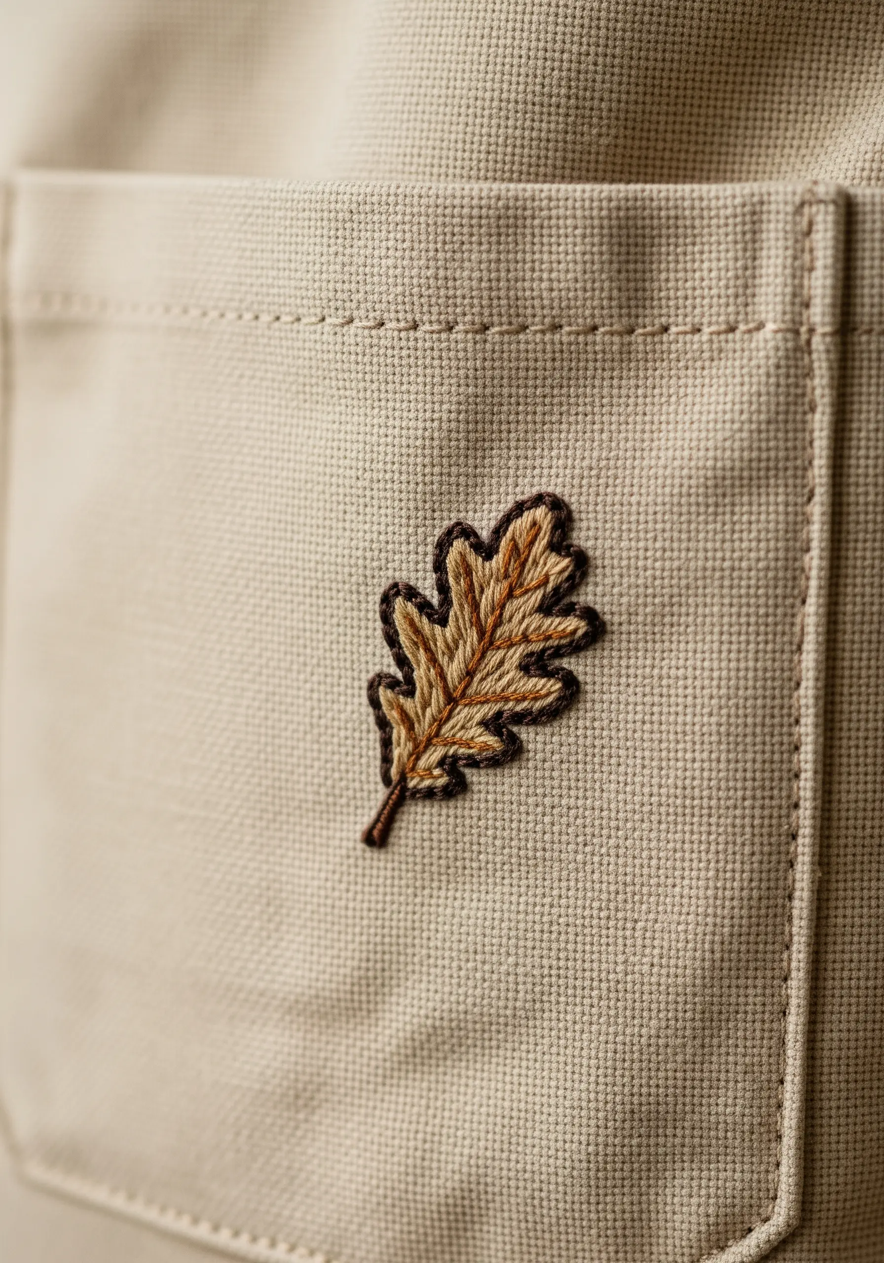 A small, thread-painted oak leaf with blended colors on a canvas pocket.