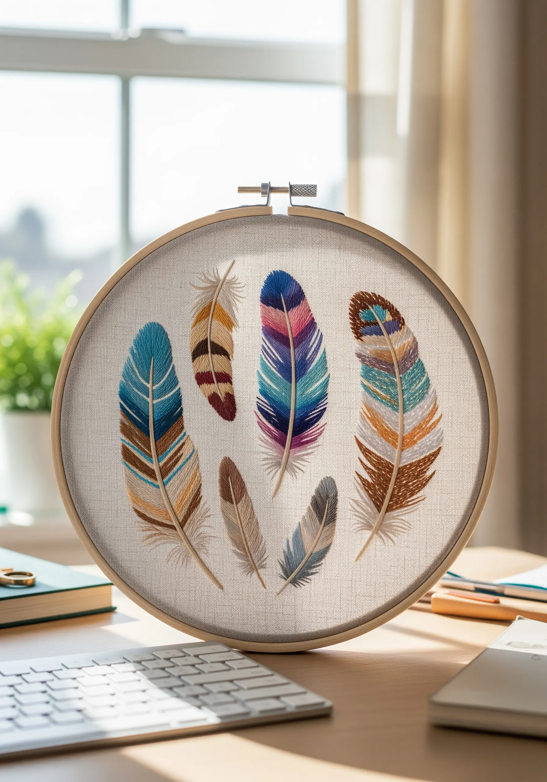 A collection of realistically embroidered feathers with soft, blended color gradients.