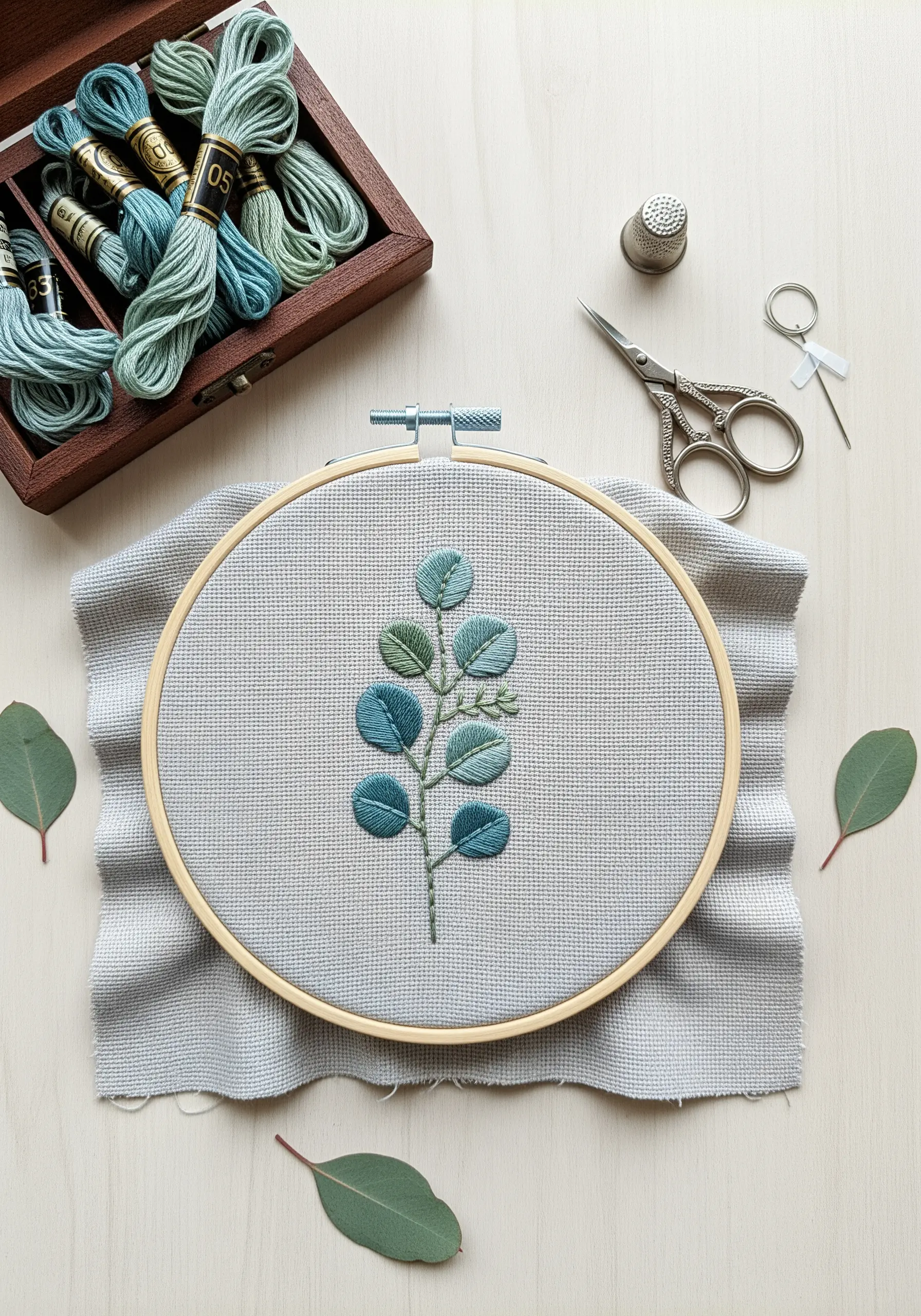 Embroidered eucalyptus branch with satin-stitched leaves in shades of green and blue.