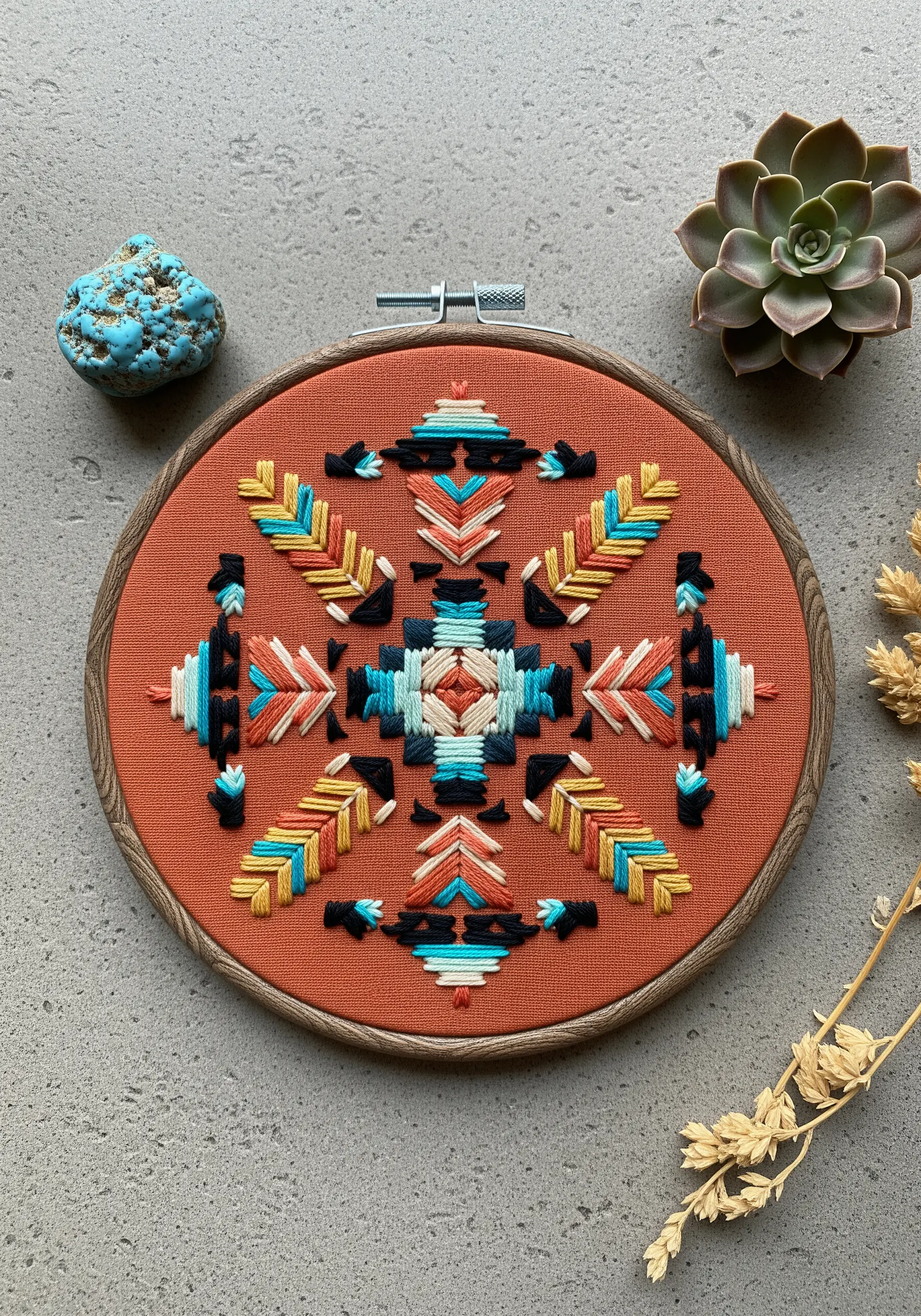 A Southwestern-inspired geometric mandala in terracotta, turquoise, black, and gold on rust-colored fabric.