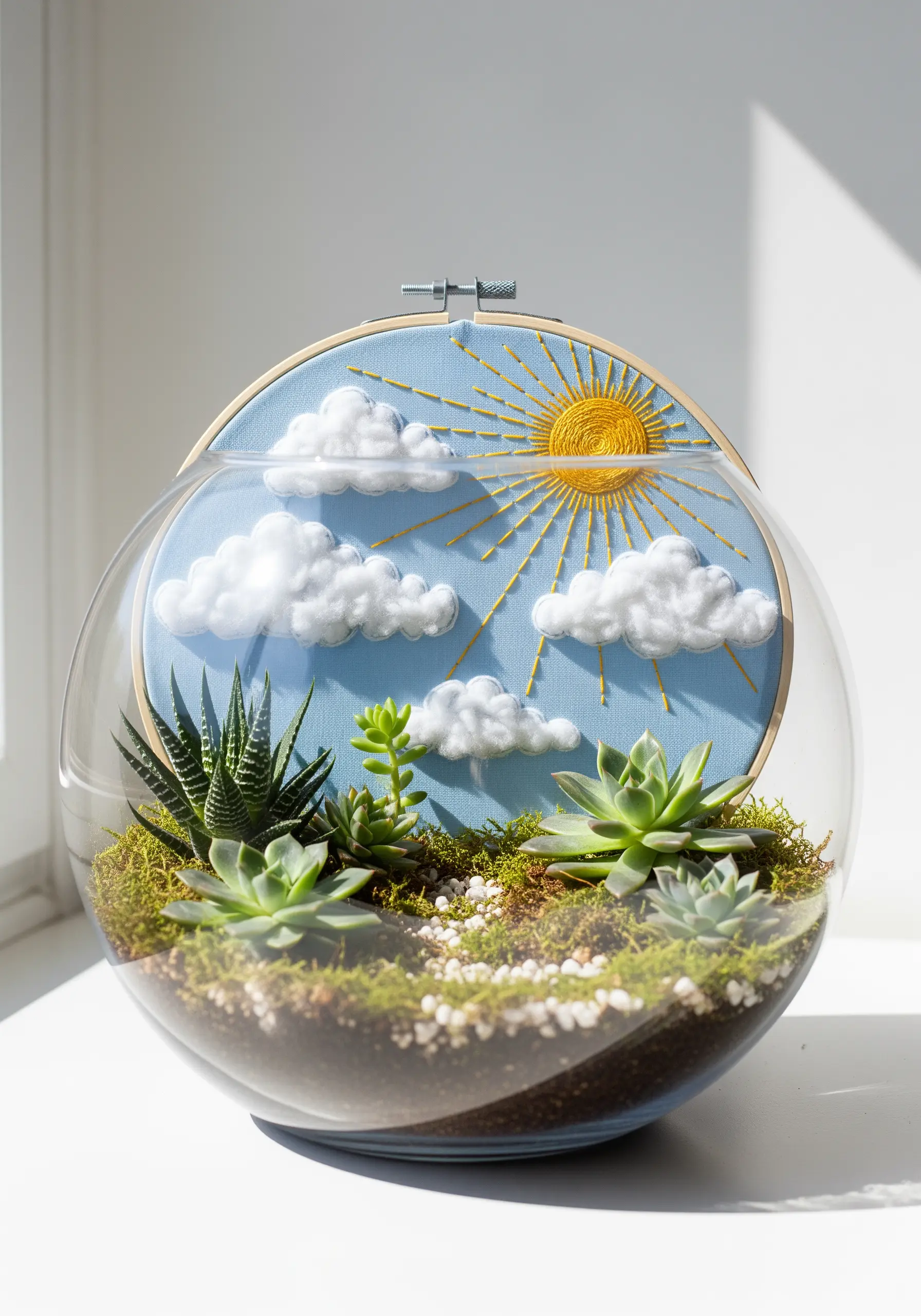 Embroidered sky with 3D clouds inside a glass terrarium with live succulents in the foreground.