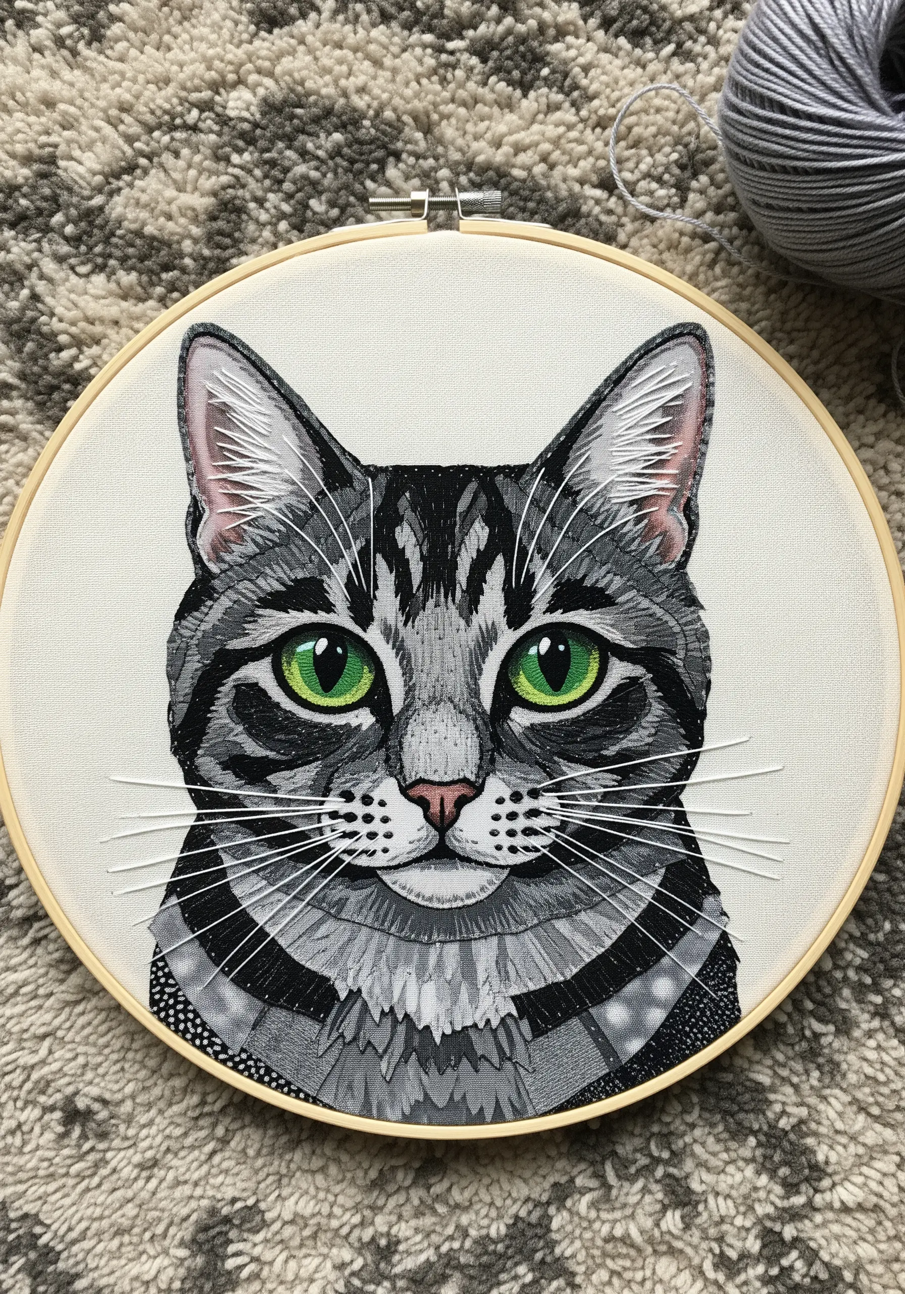 A realistic embroidered portrait of a tabby cat, combining fabric appliqué with detailed thread painting.