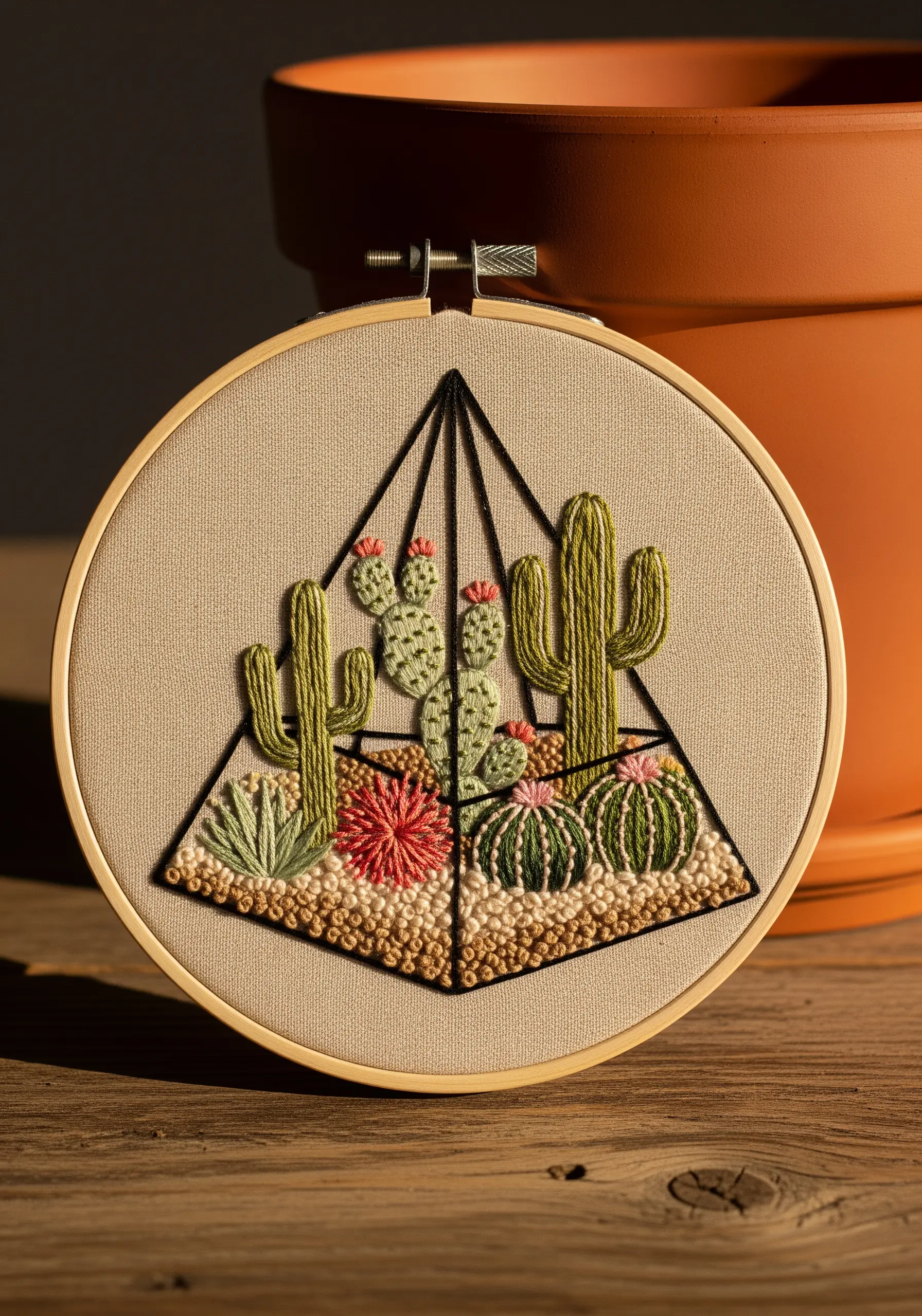 Embroidered cactus terrarium with a dense French knot base in earthy tones