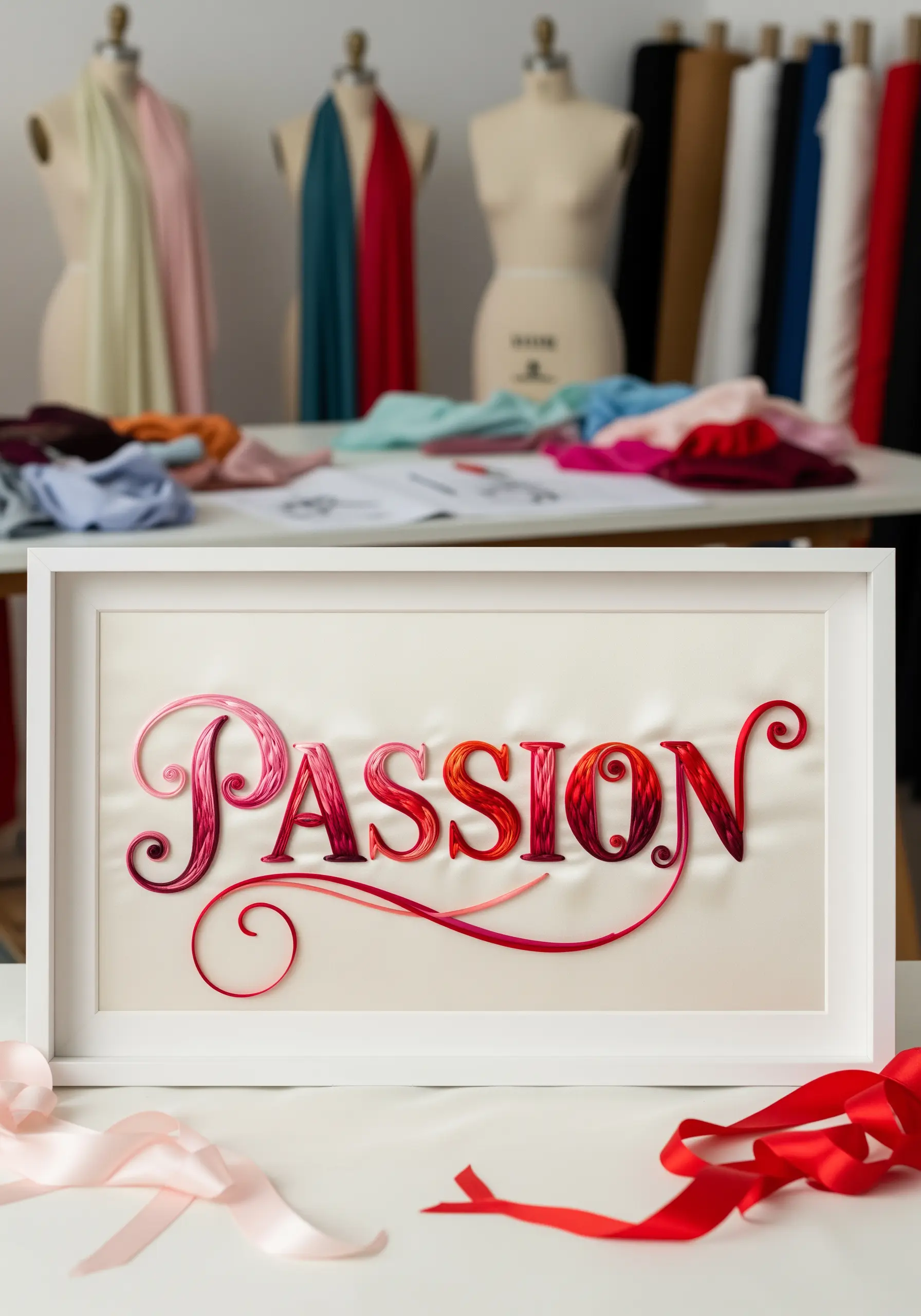 Red to pink gradient script embroidery in a white frame