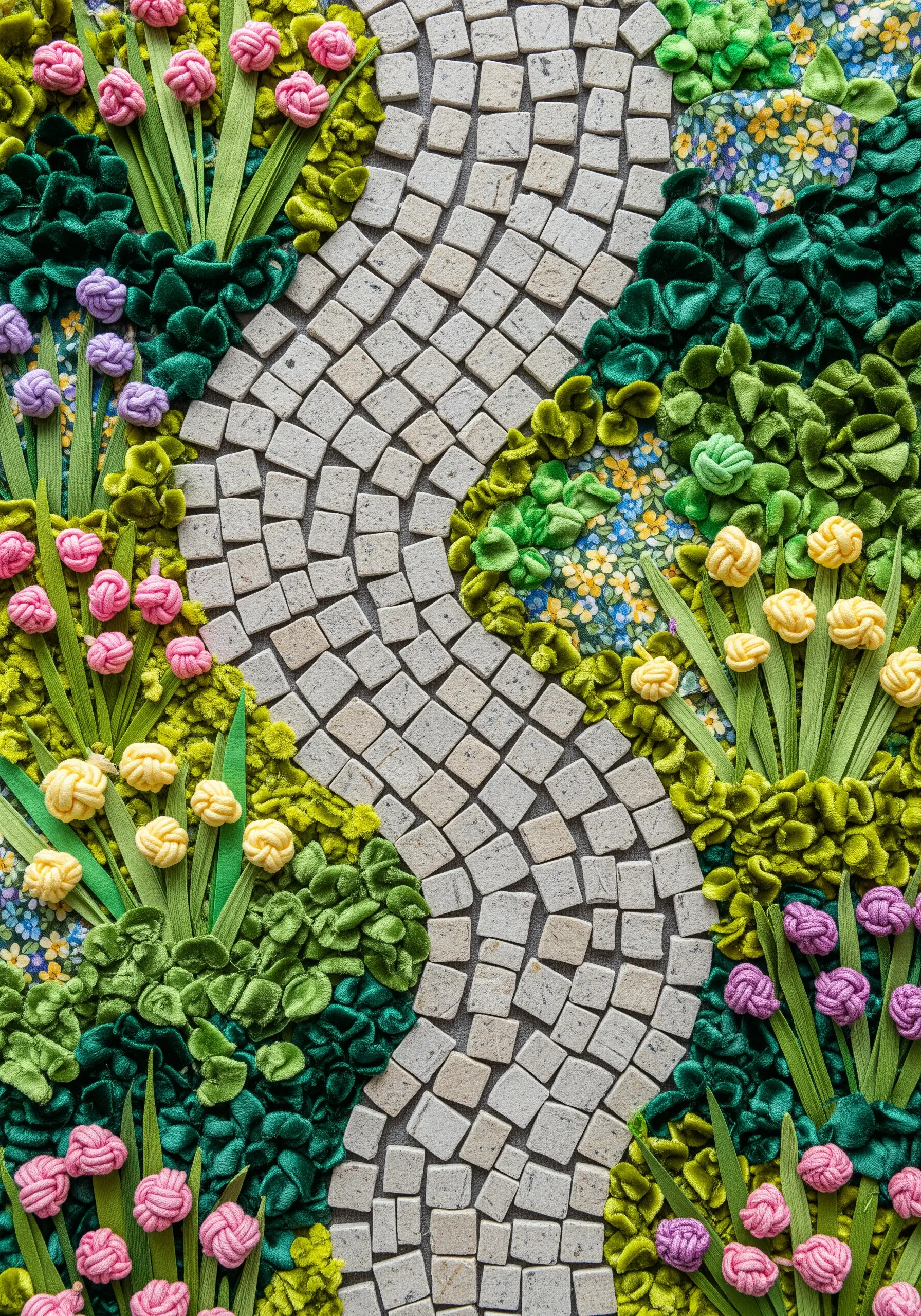 A mixed-media garden scene combining ribbon embroidery flowers with a real stone mosaic pathway.