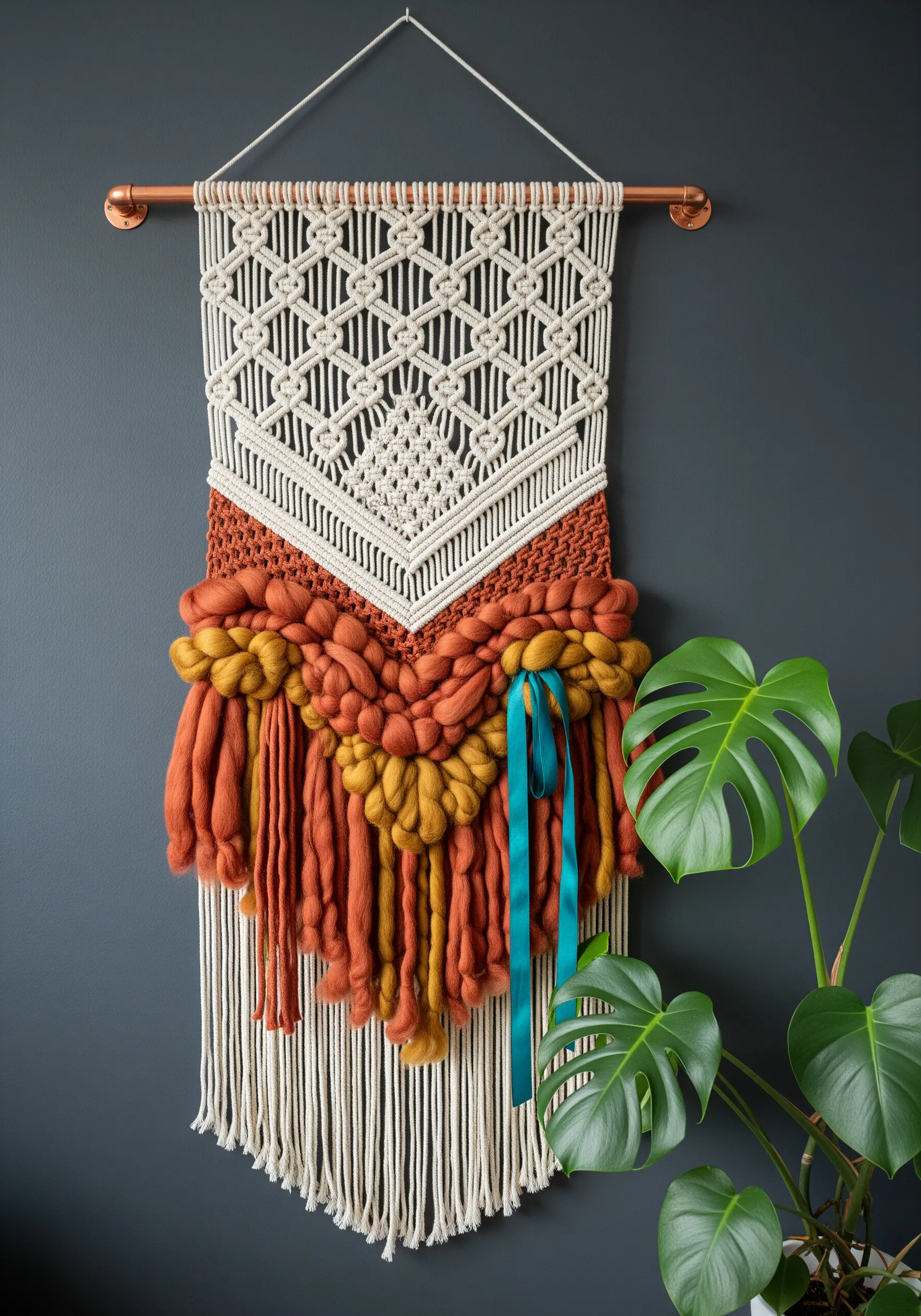 Macrame wall hanging with chunky orange and mustard yarn roving and a teal ribbon accent.