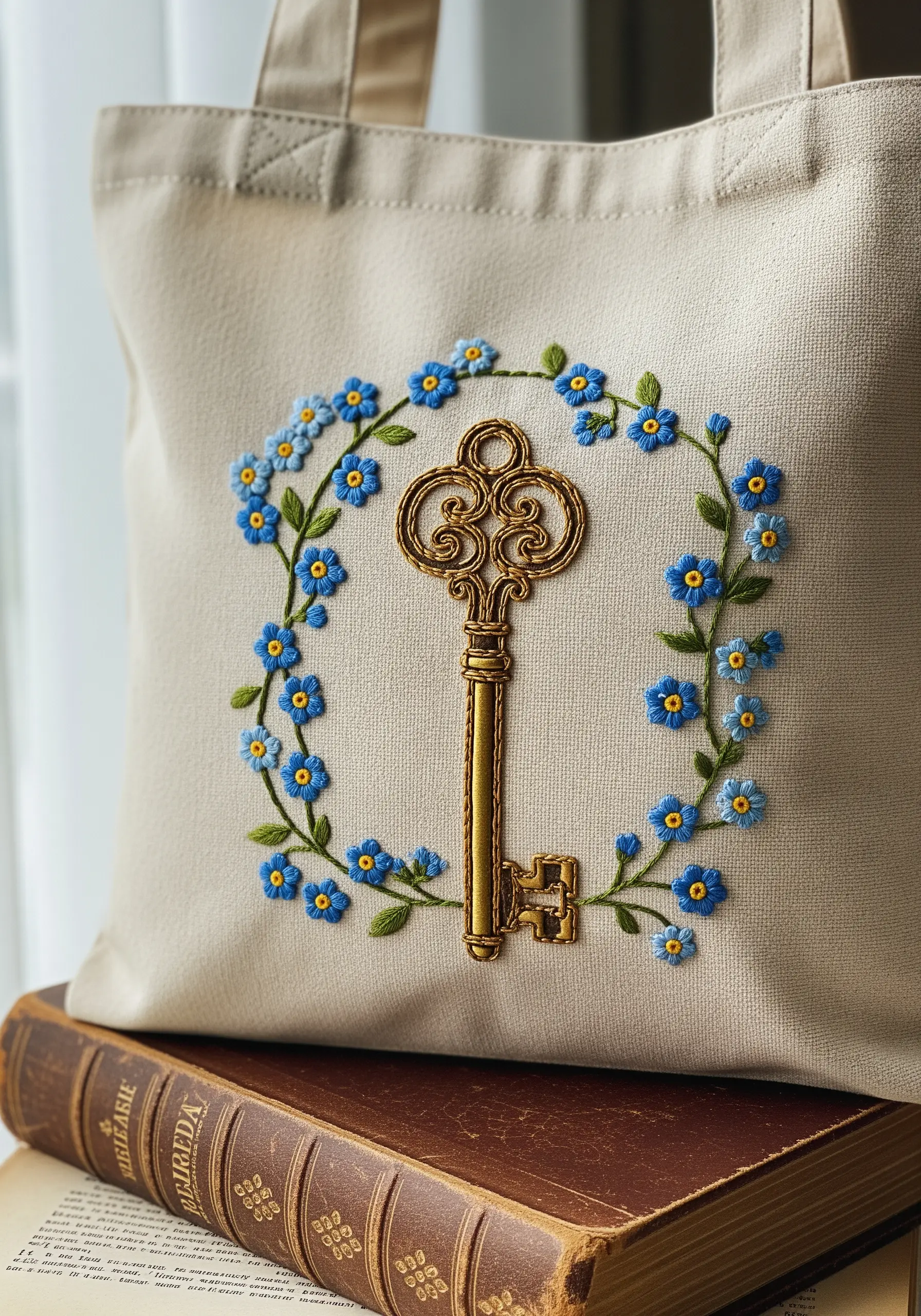 A vintage gold key embroidered with metallic thread, framed by a wreath of blue forget-me-nots.