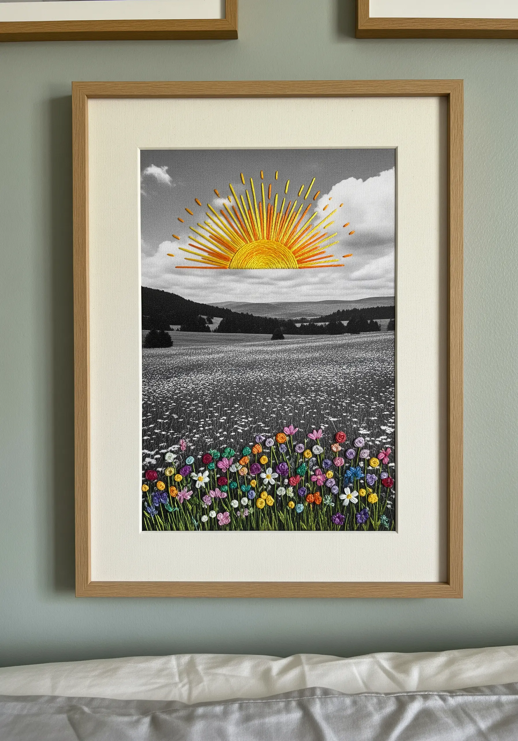 A black and white landscape photo with a vibrant, colorful embroidered sunrise and wildflowers.