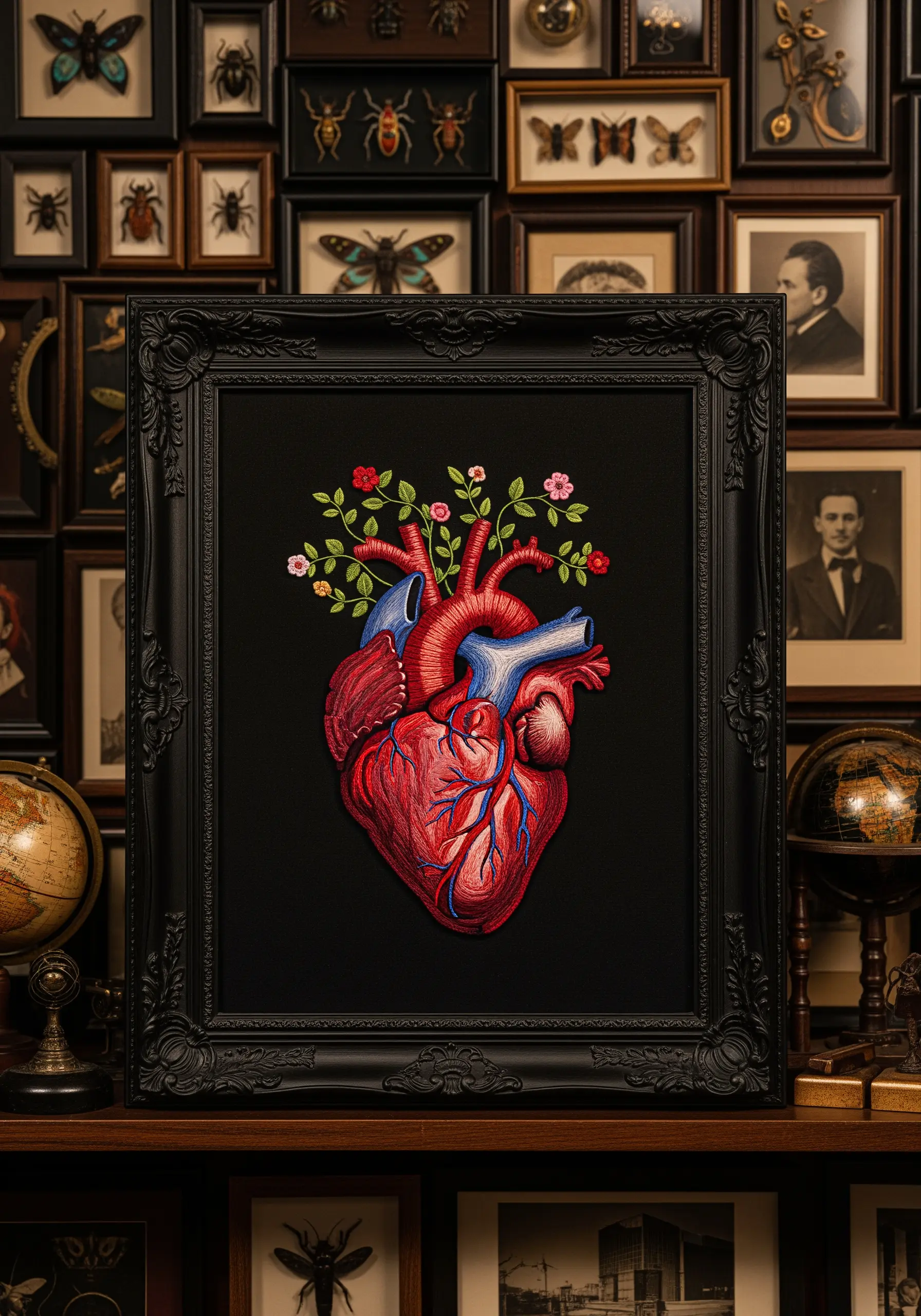 Anatomically correct heart embroidery on black fabric, with small, colorful flowers blooming from the arteries.