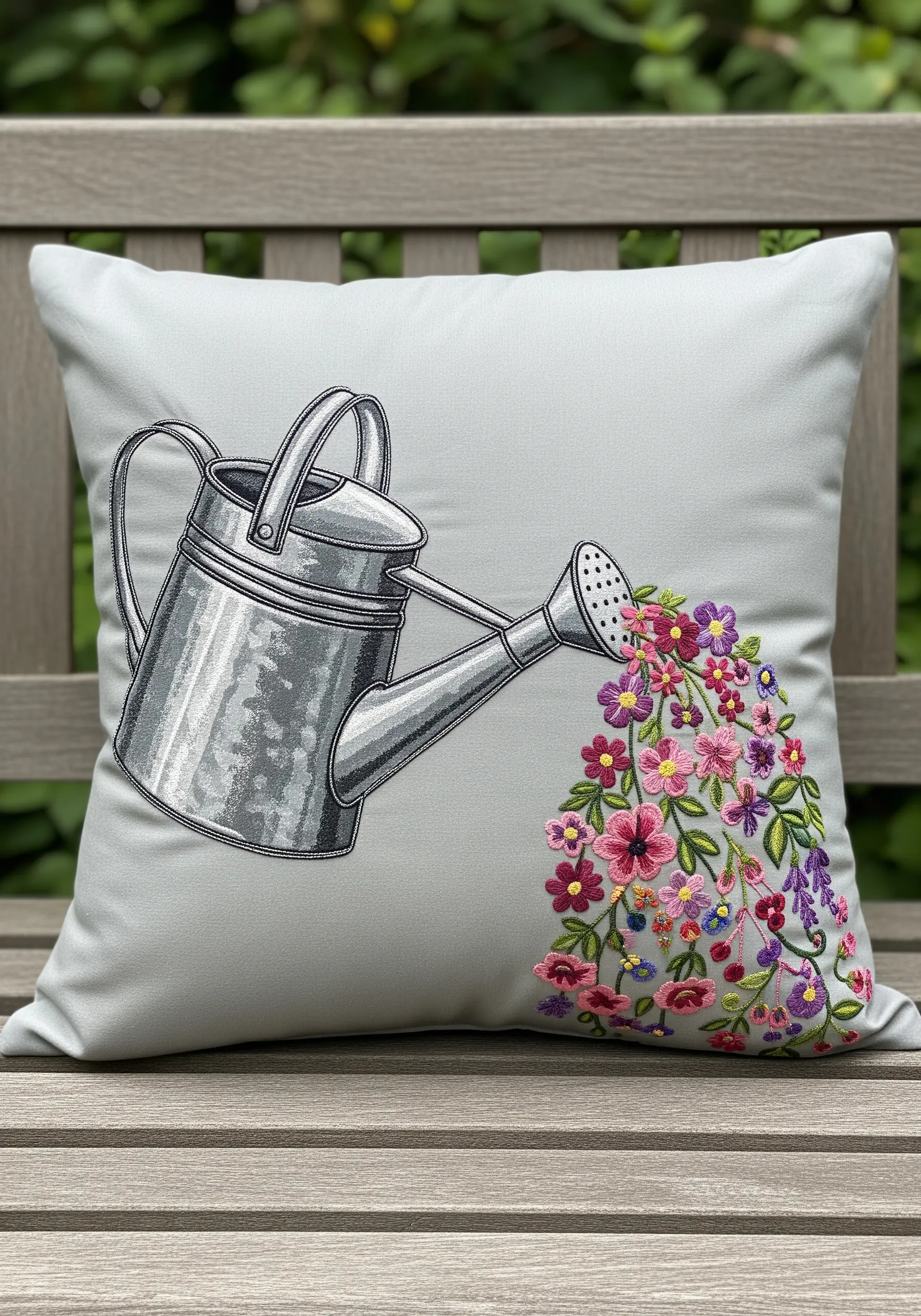 A realistically embroidered watering can pouring out a cascade of colorful flowers.