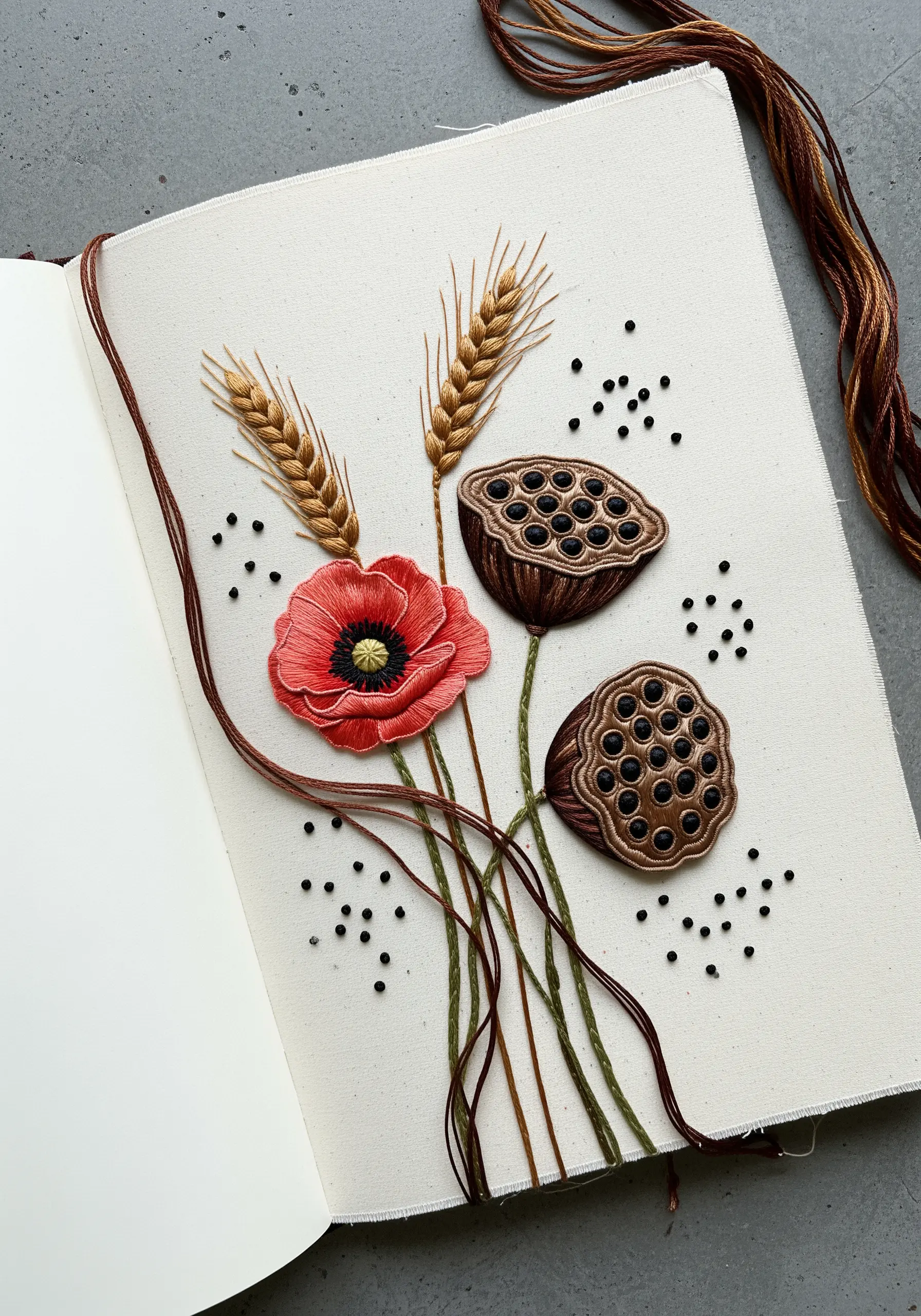 Embroidery of a red poppy, wheat stalks, and textured lotus seed pods on a journal cover.