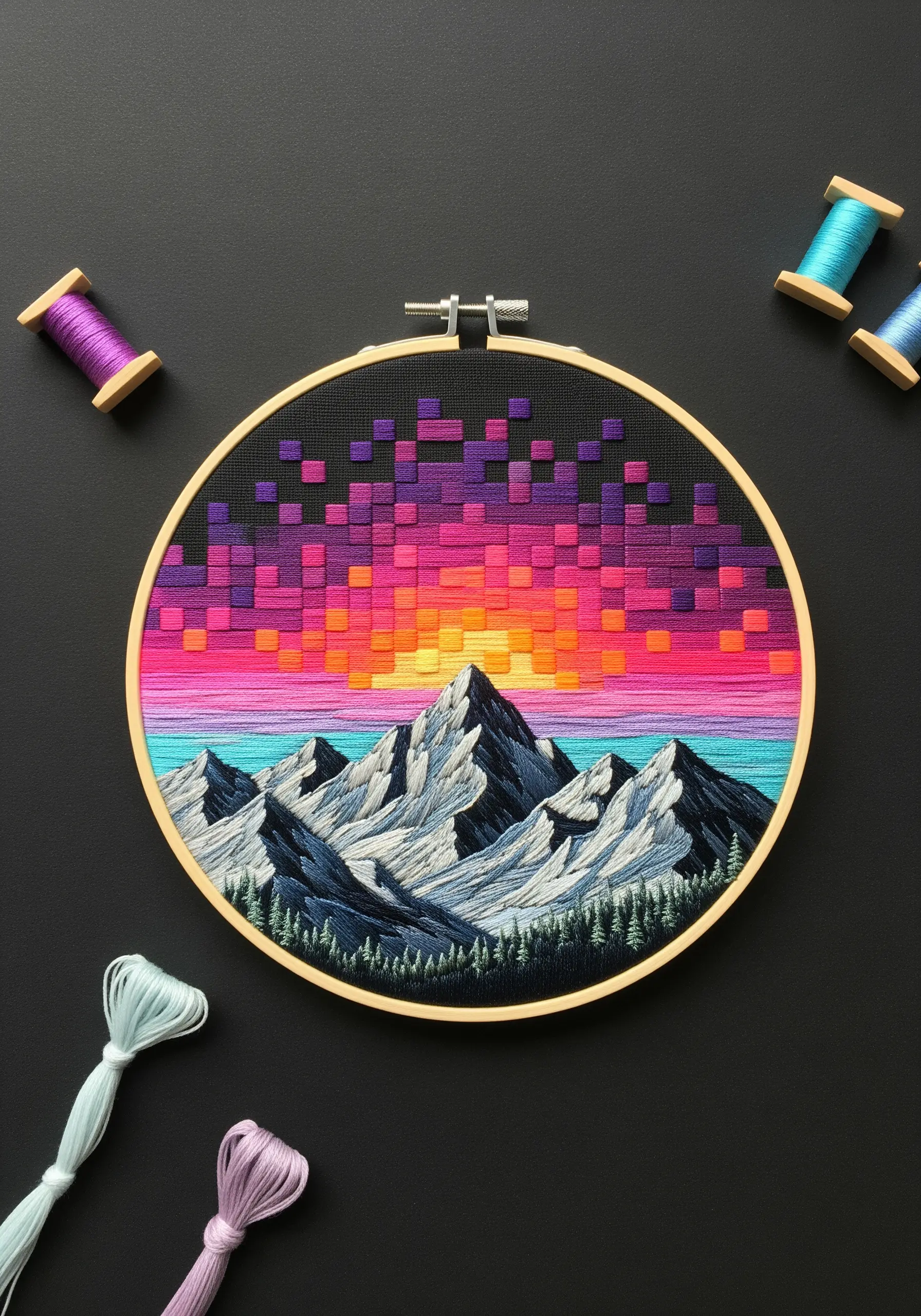 Pixelated sunset embroidery over satin-stitched mountains in a hoop.