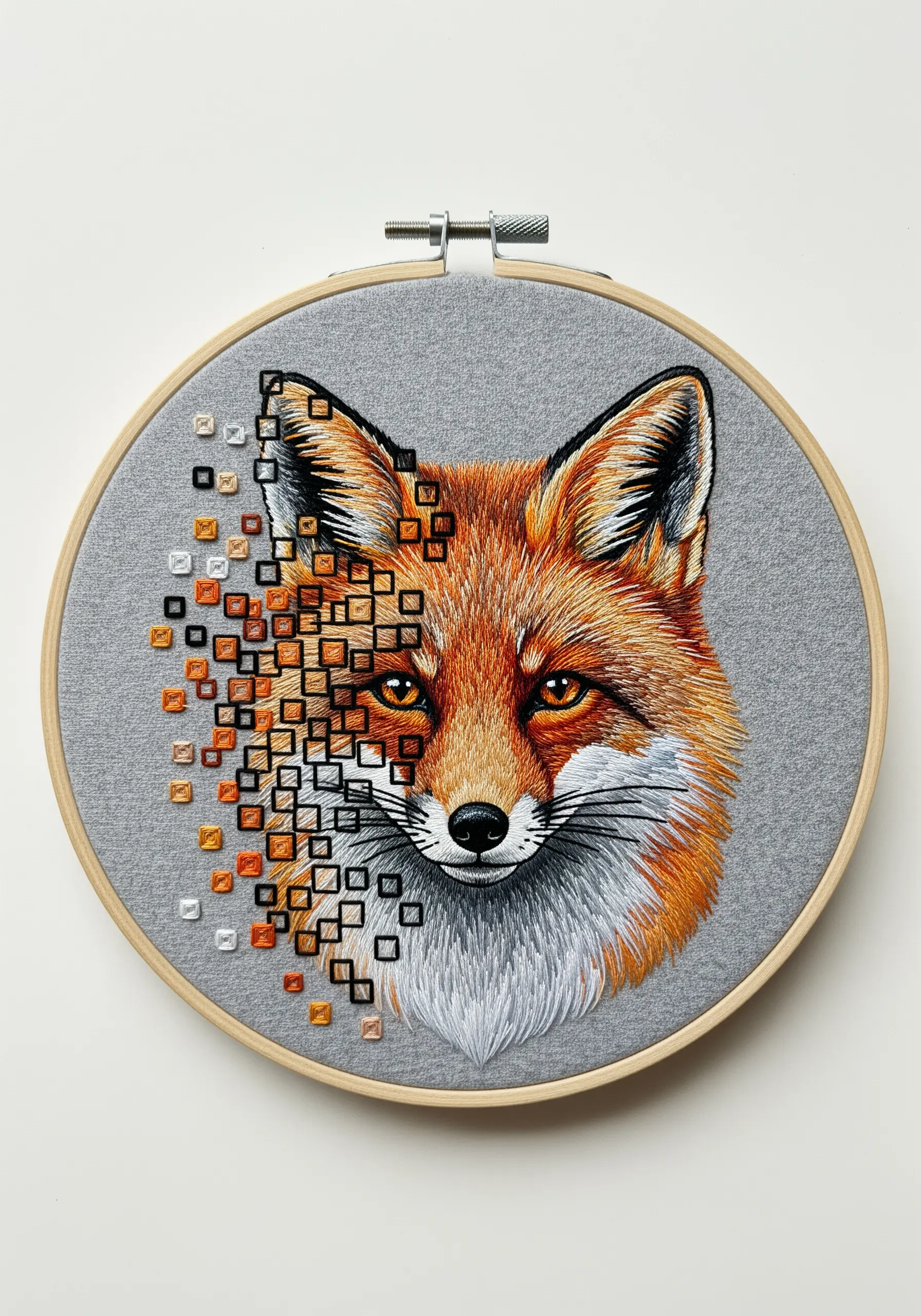 A thread-painted fox with its face dissolving into outlined pixel squares.